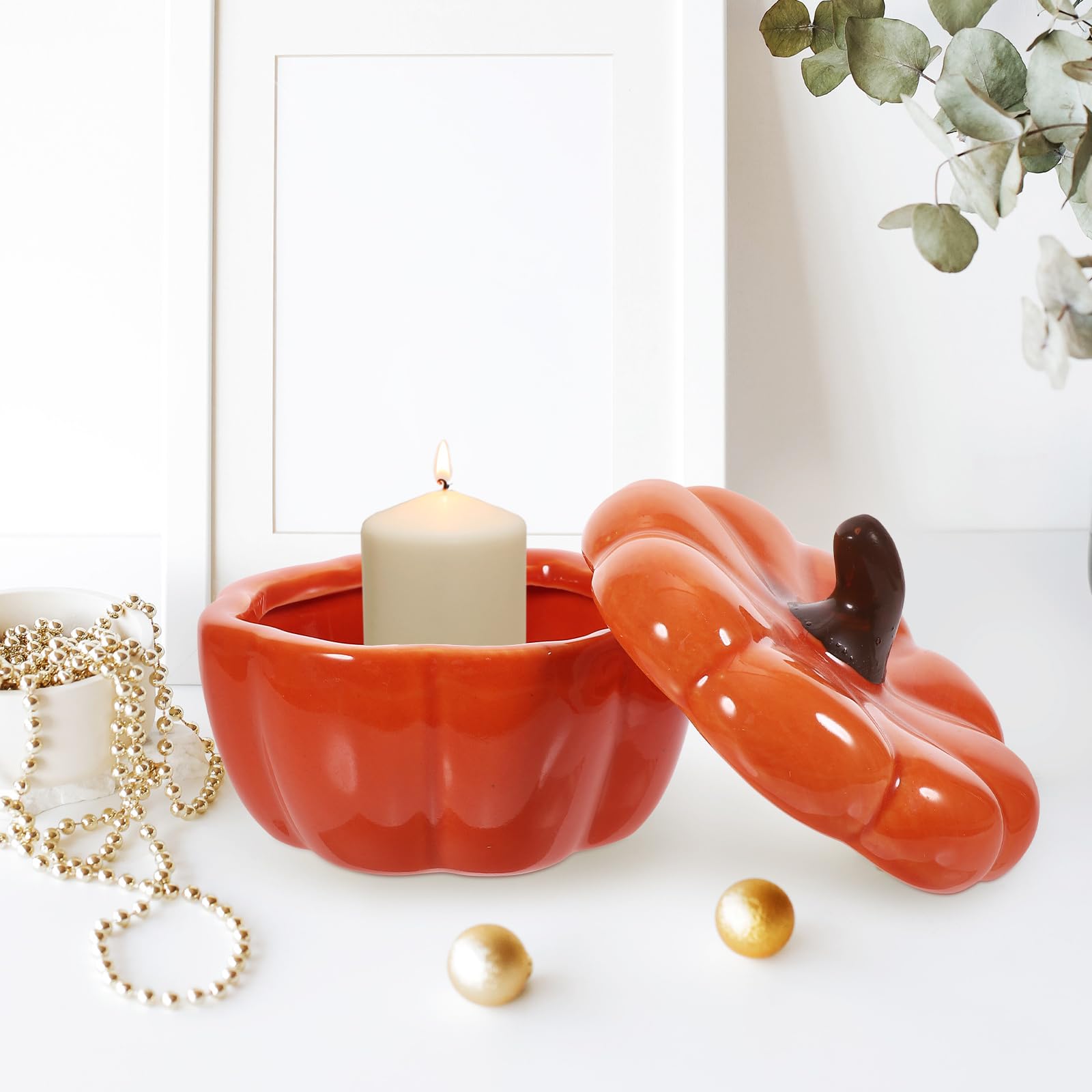 SOLUSTRE Ceramic Pumpkin Candle Holder - Halloween & Thanksgiving Candlestick with Lid, Decorative Soup Bowl for Home Table Decor | Perfect for Fall Centerpieces, Holiday Parties & Cozy Dining