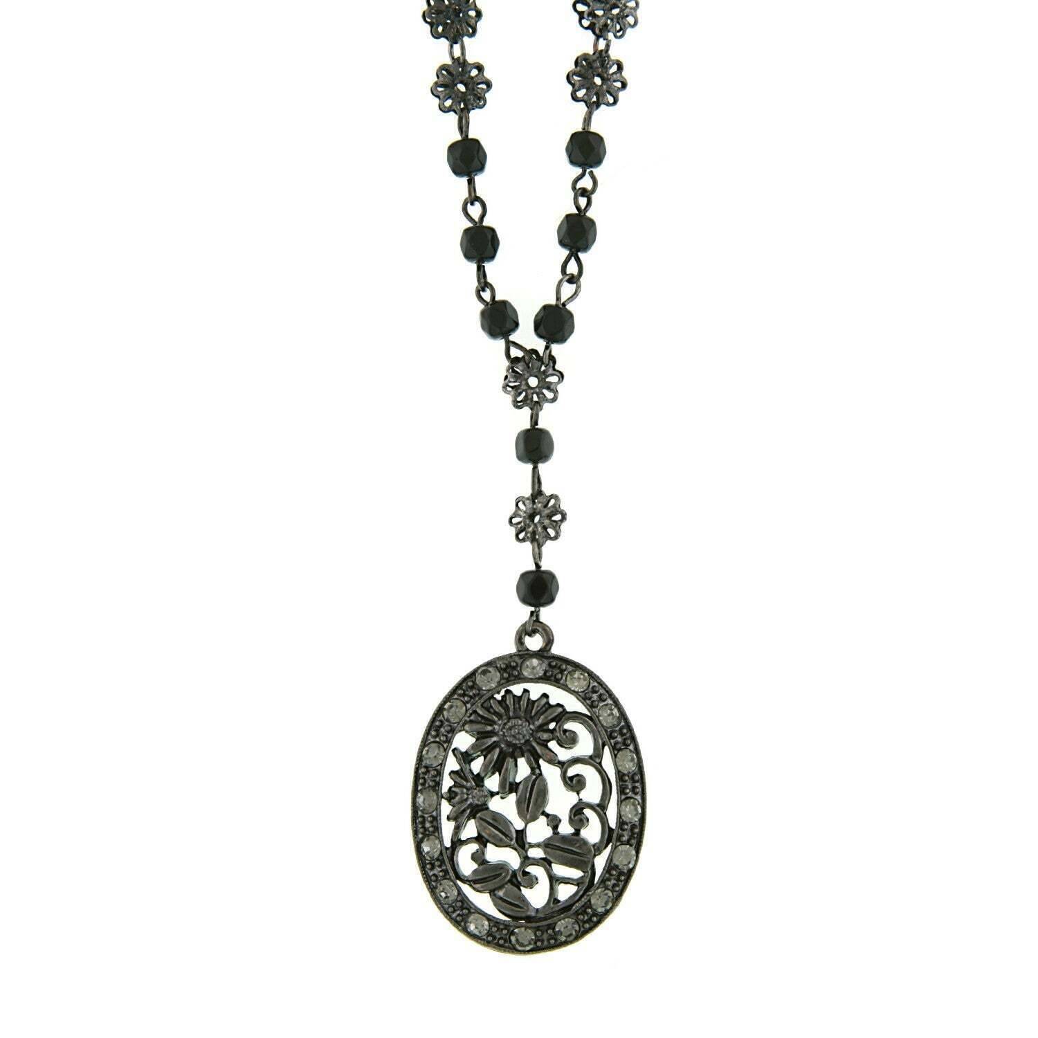 1928 Black Diamond Crystal Flower Pendant Necklace for Women - 16