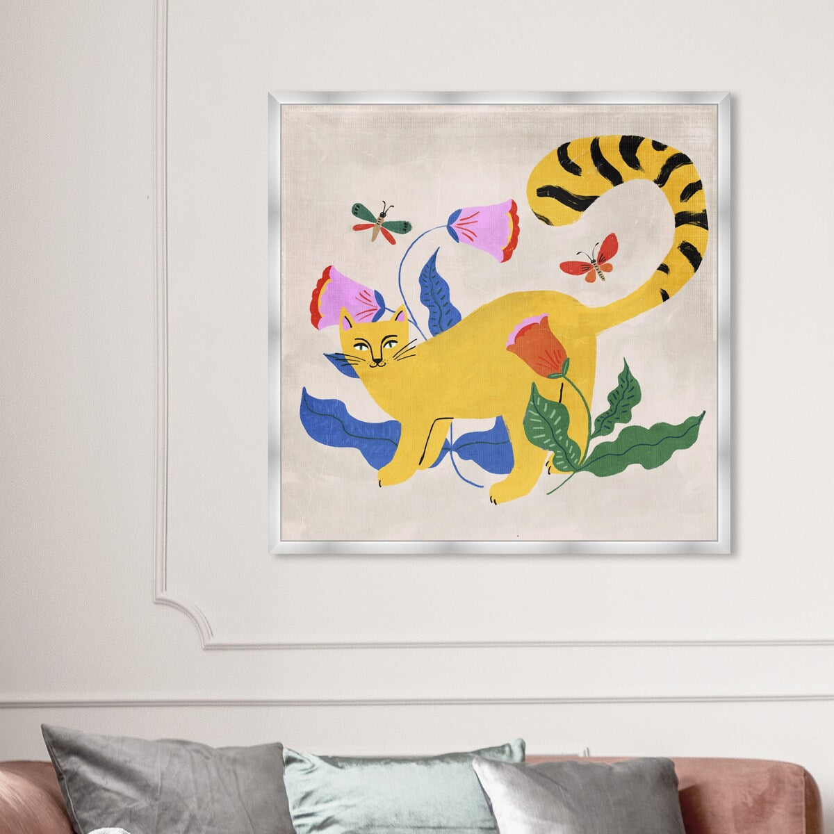 Blonde Tabby Floral Kitten Butterfly Garden Modern Yellow Framed Wall Art Print - Home Decor for Bedroom, Living Room & Nursery