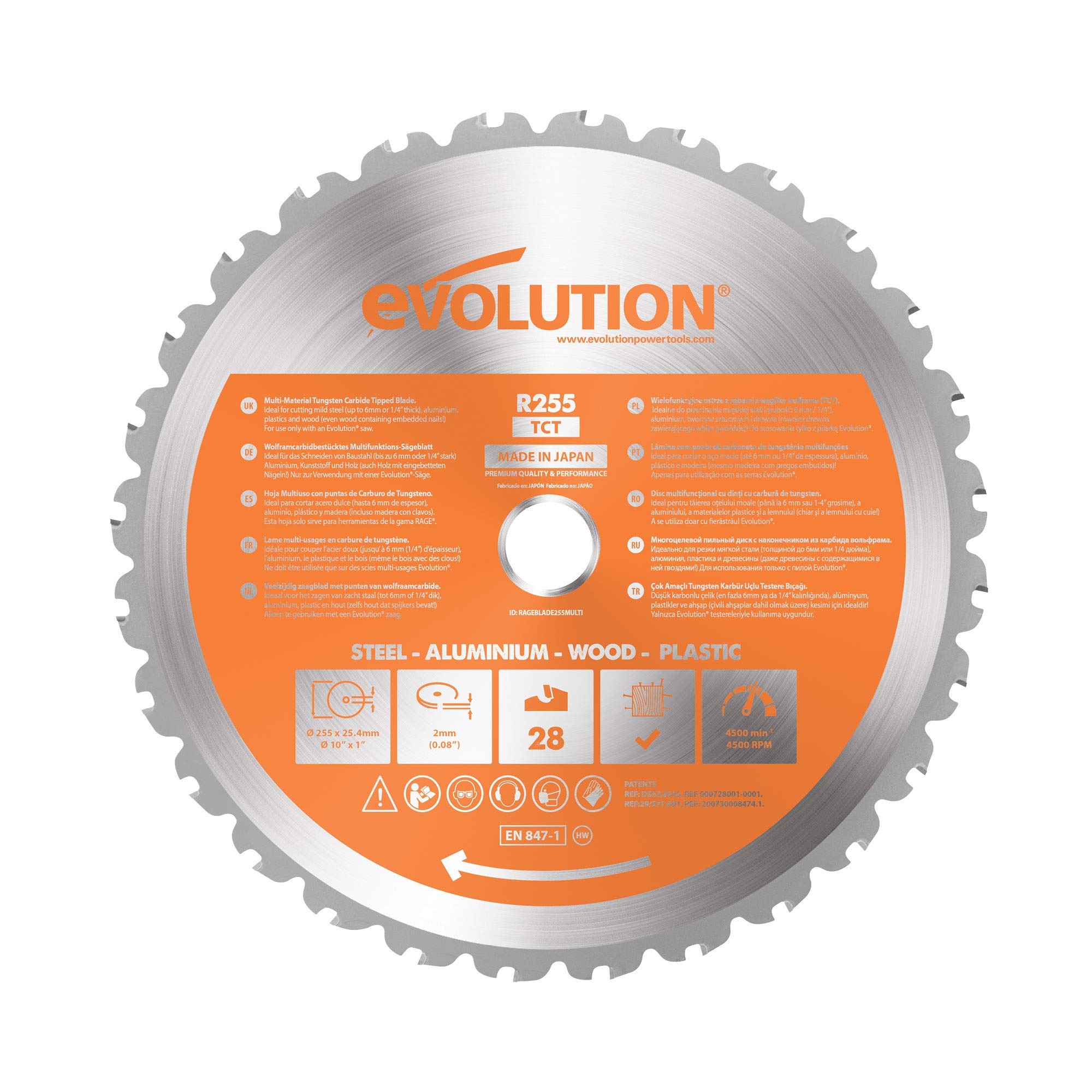 Evolution Power Tools RAGE255Blade 10-Inch Multi-Purpose Cutting Blade for RAGE3 Saw - Perfect for Wood, Metal, Plastic & Tile Cutting Projects