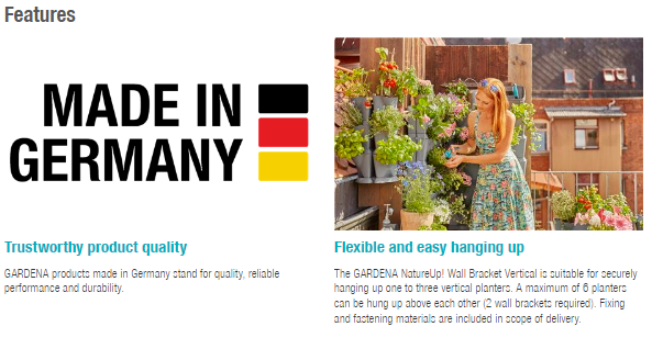 Gardena NatureUp! Vertical Wall Bracket for Planters - Perfect for Balcony, Patio & Garden Vertical Gardening