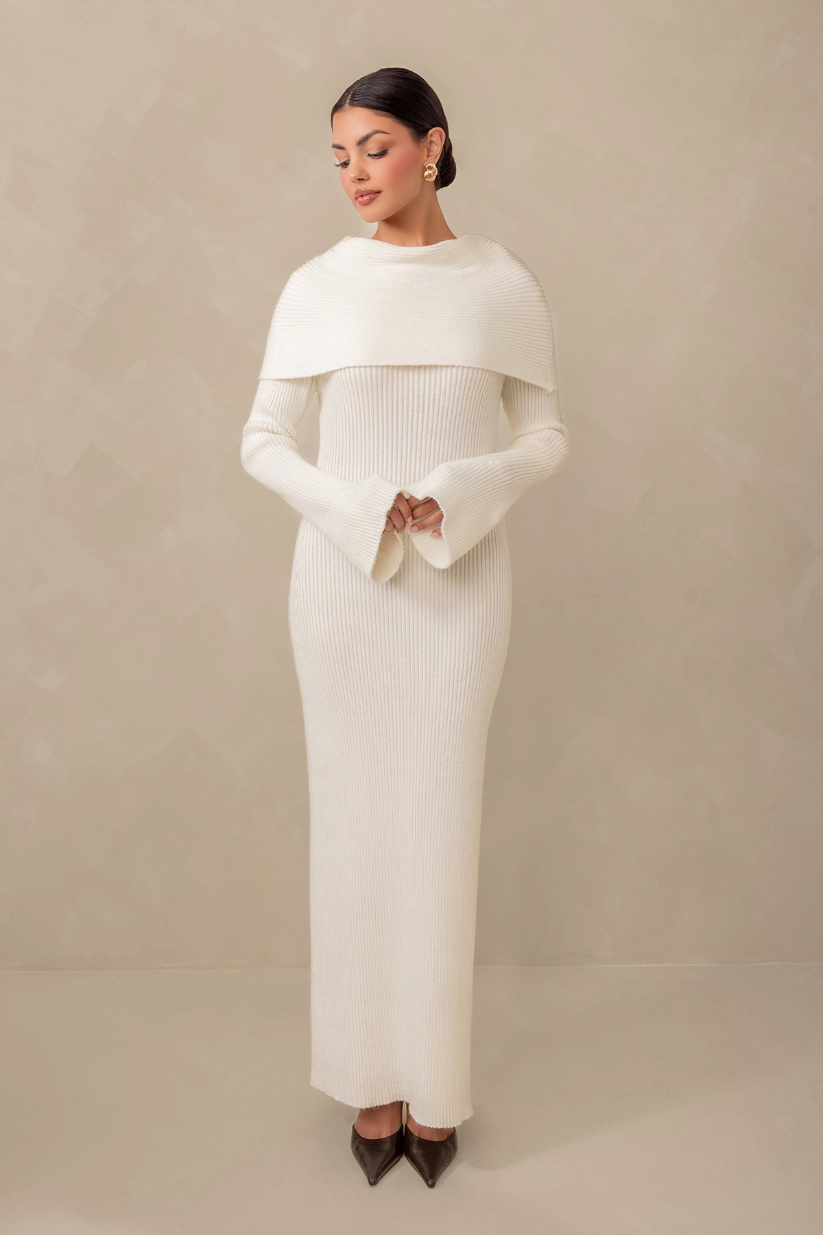 Cassandra Over the Shoulder Knit Dress - Cream Women's Elegant Casual Outfit for Date Night & Summer Parties