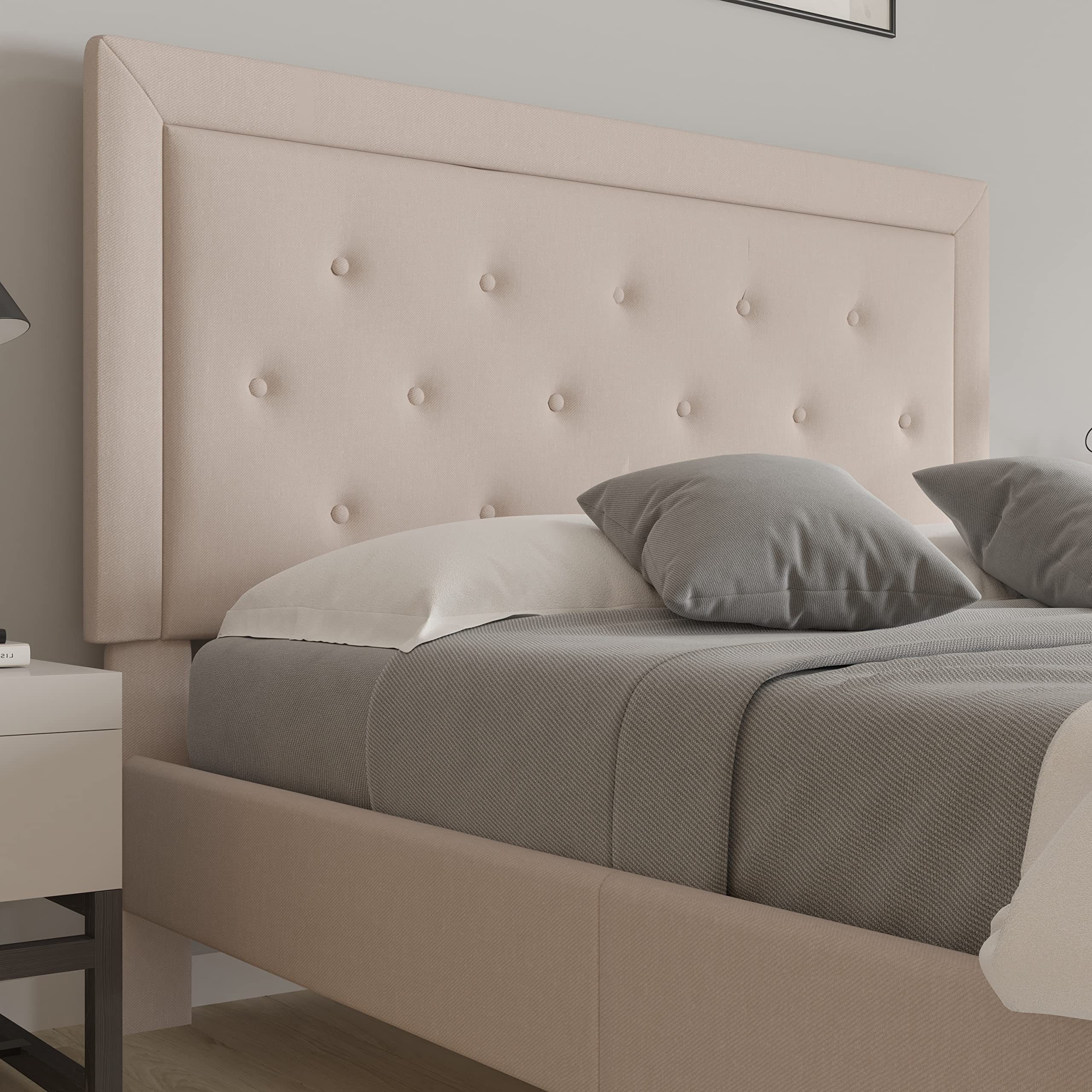 Merrick Lane Mallory Queen Size Upholstered Platform Bed with Tufted Headboard - Beige Fabric Bed Frame for Modern Bedroom Decor