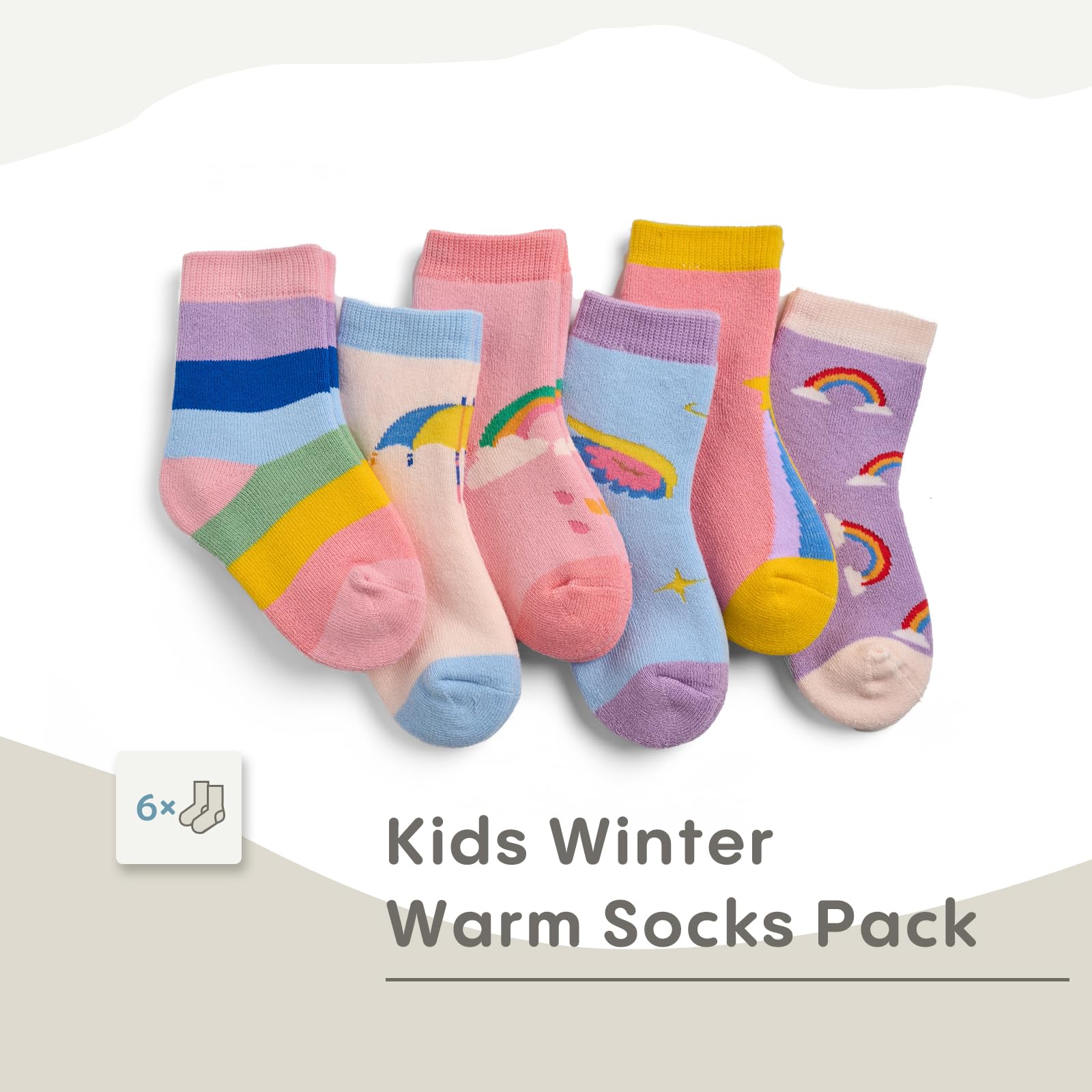 Girls Winter Socks 6 Pack - Warm Thermal Terry Crew Socks for Kids & Toddlers - Cozy Cold Weather Socks for School, Outdoor Activities & Home Wear