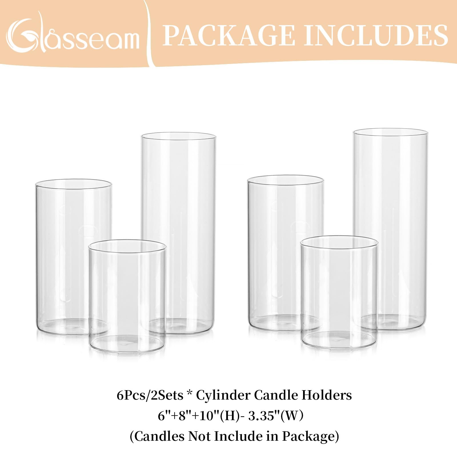 Glasseam Clear Hurricane Candle Holder Set of 6 - Modern Glass Cylinder Vases for Pillar Candles, Floating Candle Centerpieces - 6
