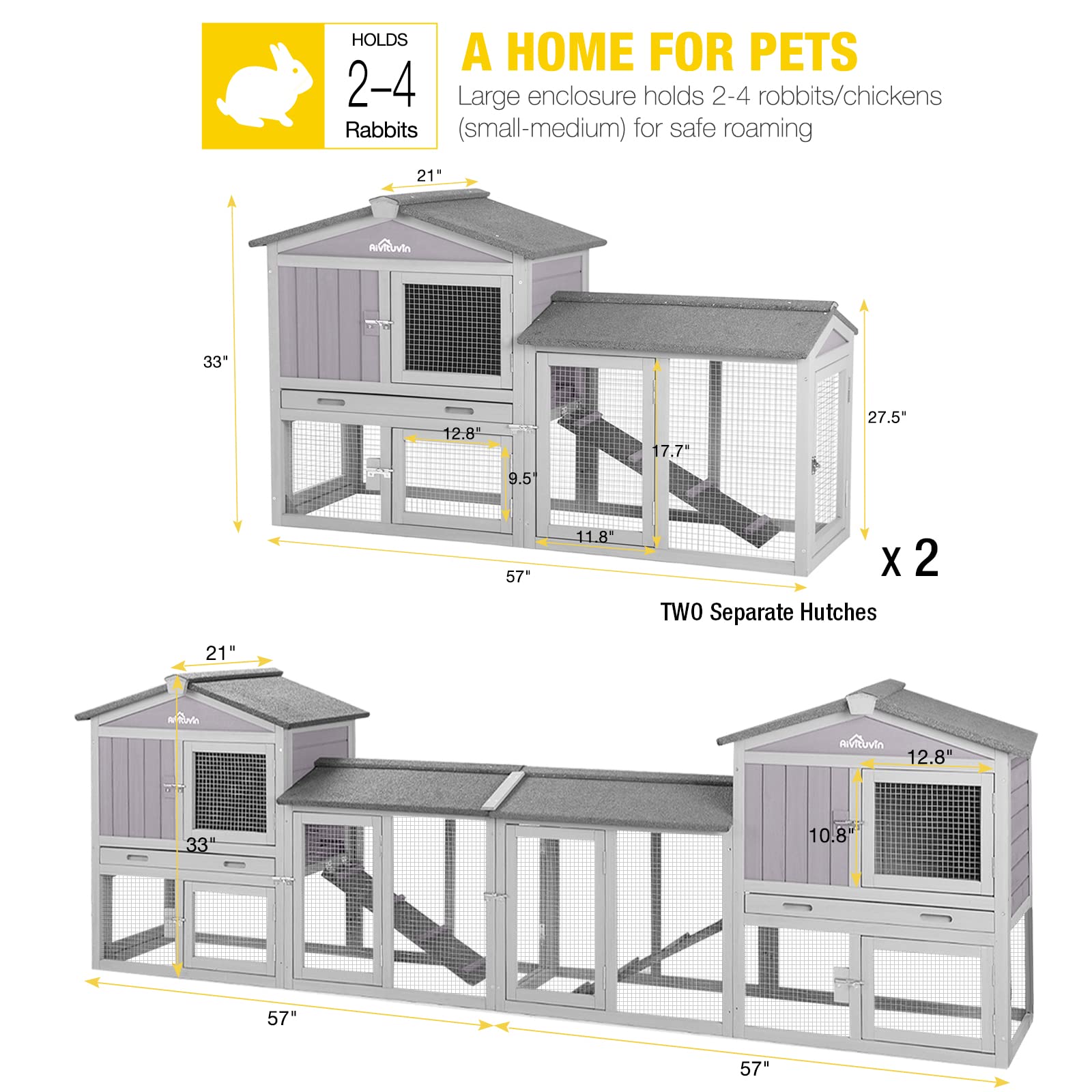 Aivituvin Rabbit Hutch Indoor & Outdoor Bunny Cage with Deep Leak-Proof Plastic Tray - 2 Sets (Grey) - Perfect for Pet Rabbits, Guinea Pigs & Small Animals at Home or Garden