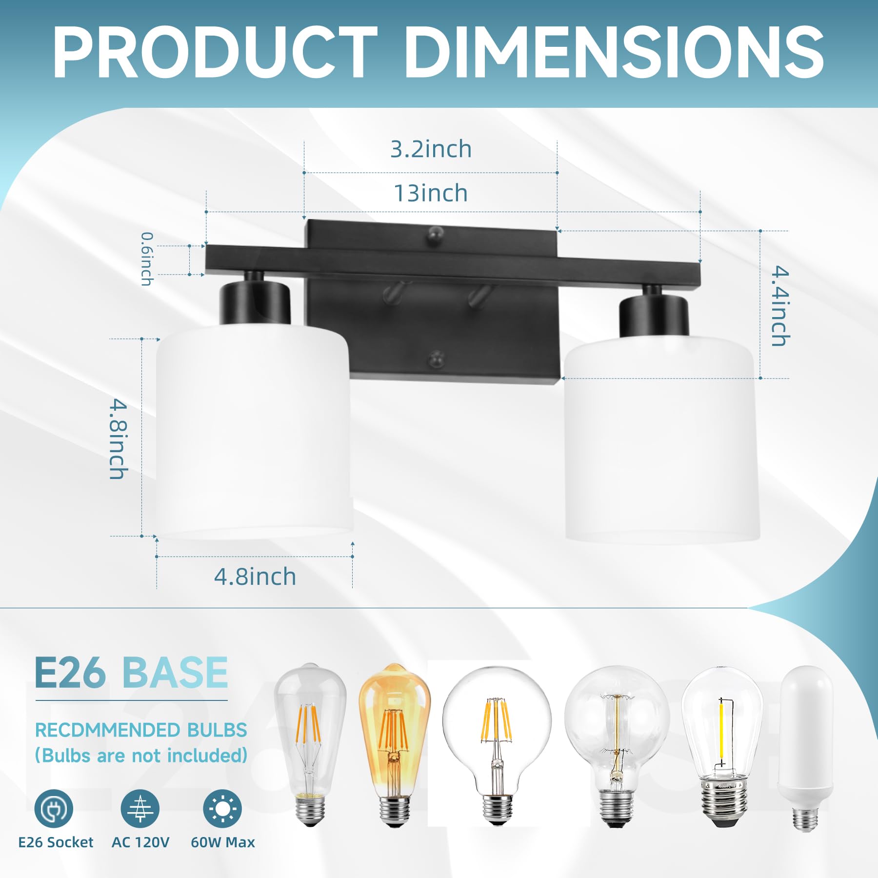 Modern Matte Black Vanity Light - 2-Light Bathroom Fixture for Bedroom & Living Room - E26 Socket, No Bulbs