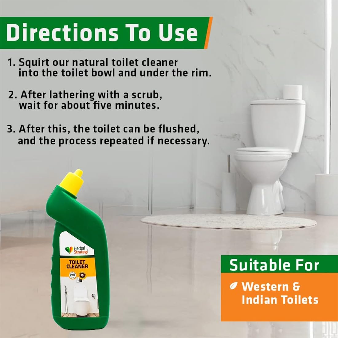 Herbal Strategi Just Mop Herbal Toilet Cleaner Liquid - 500ml Lemon Oil Formula | Natural Bathroom Cleaner for Stains & Odor Removal | Perfect for Homes, Hotels & Restrooms