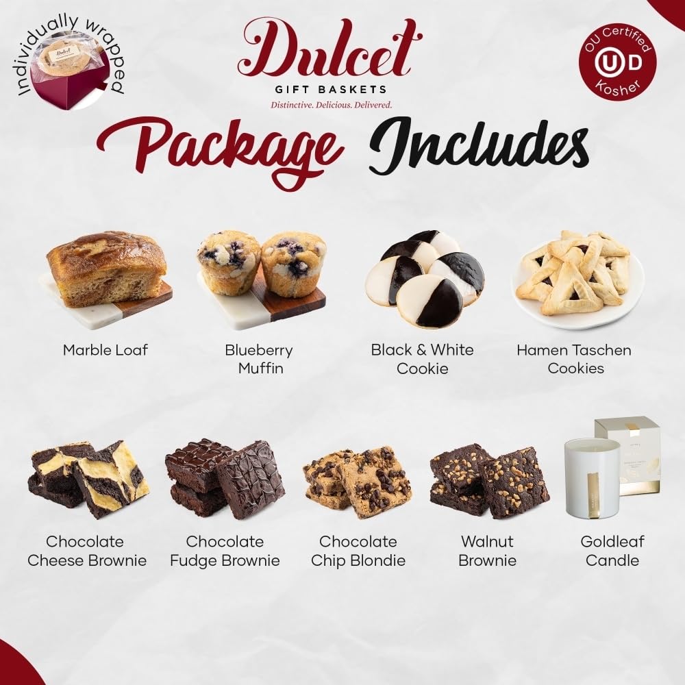 Happy Purim Gourmet Bakery Gift Box - Freshly Baked Hamantaschen, Brownies, Cookies & Blueberry Muffins | Purim Party Treats & Corporate Gifts | Handmade Kosher Desserts for Holiday Celebrations & Office Events