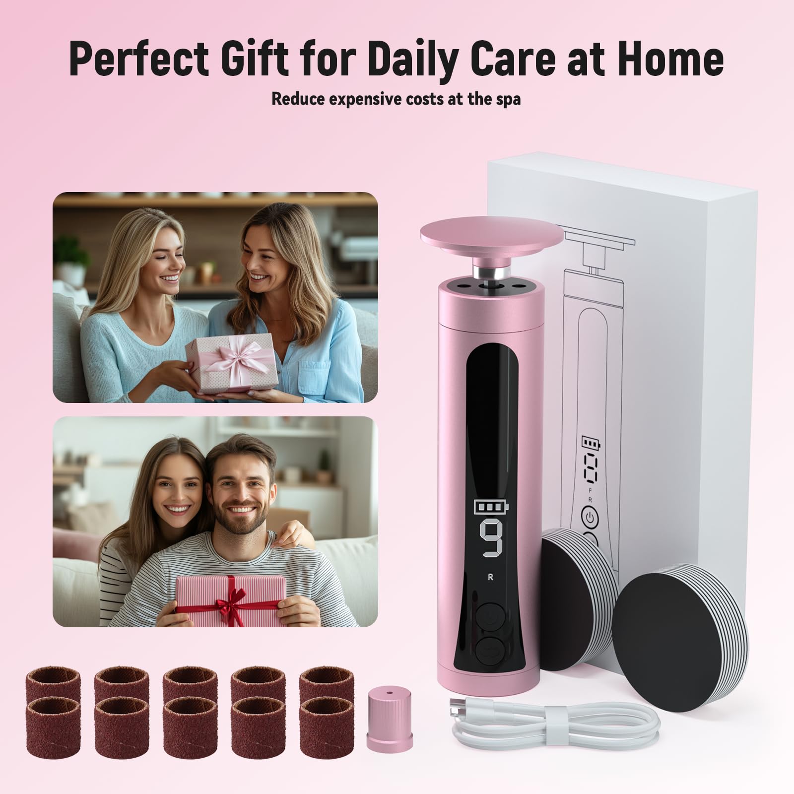 Electric Callus Remover for Feet - Rechargeable 9-Speed Adjustable Pedicure Tool with LED Display, 2-in-1 Foot File & Nail Polisher for Dry Dead Skin Removal (Rose Gold) - Perfect for At-Home Pedicures & Foot Care Routines