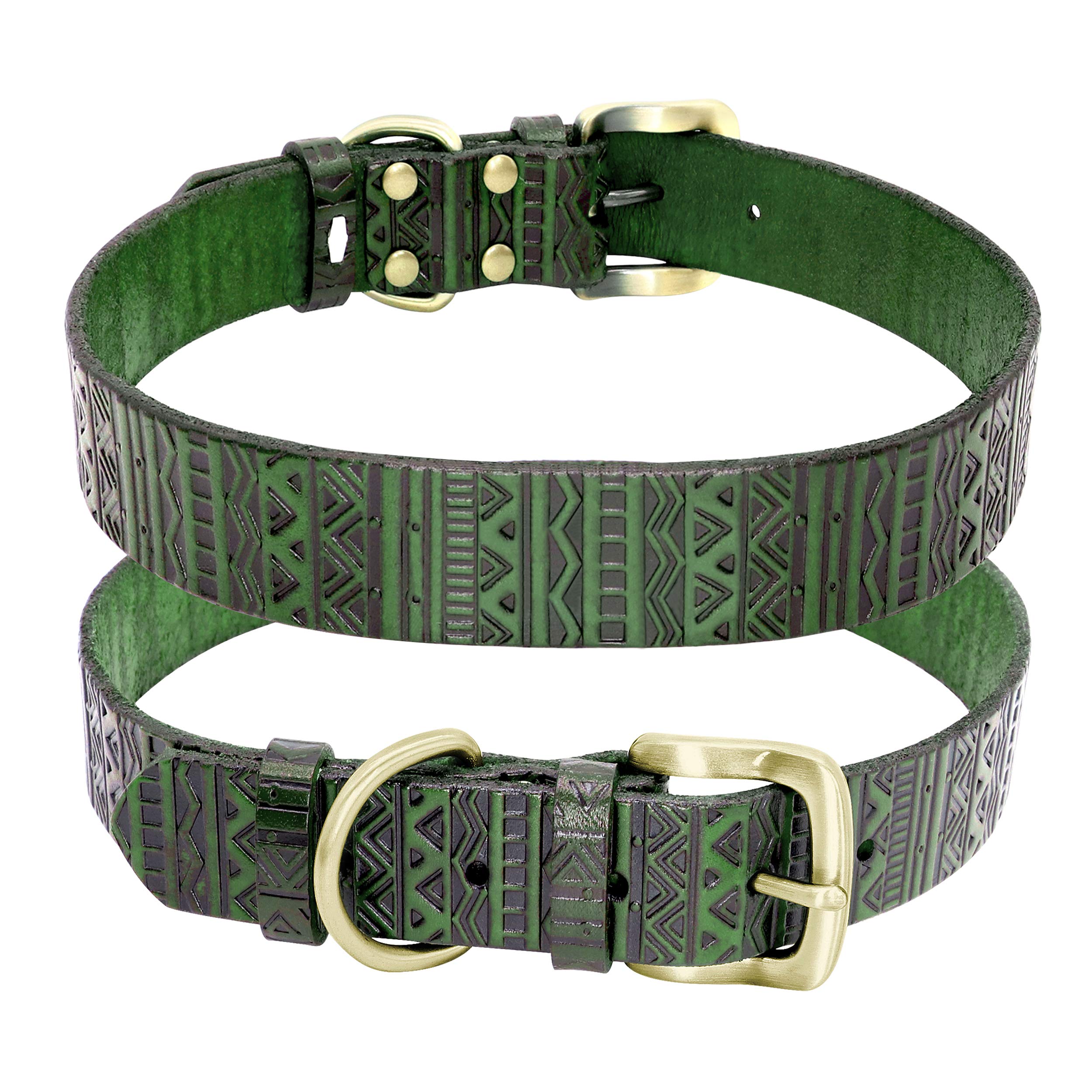 Premium Indian Pattern Embossed Genuine Leather Dog Collar with Heavy Duty Brass Buckle - Adjustable Soft Touch Pet Collar for Medium, Large & X-Large Dogs - Perfect for Daily Walks, Training & Fashion Accessories