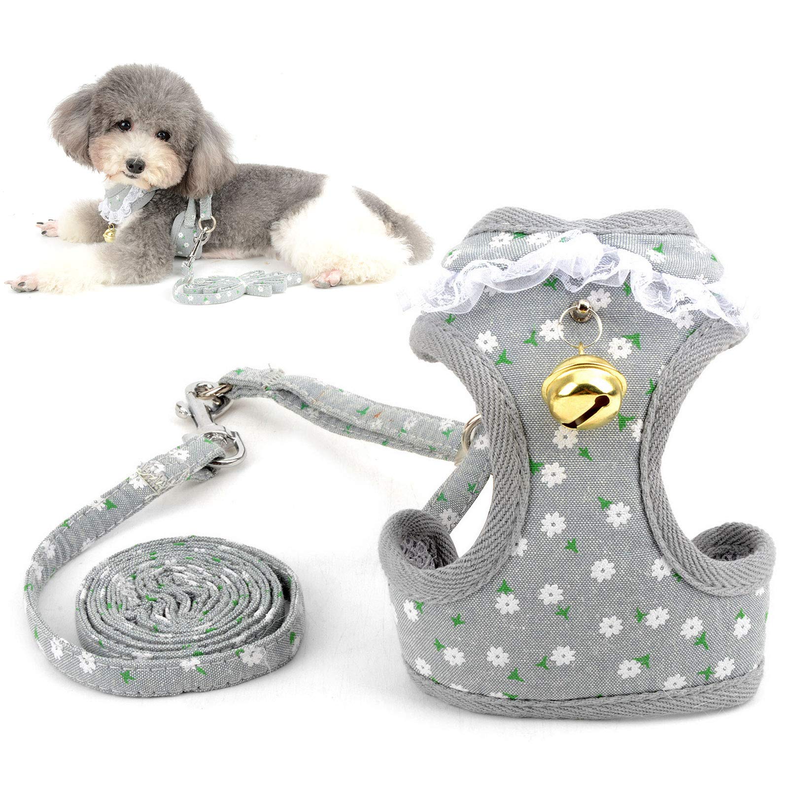 Escape-Proof Adjustable Soft Mesh Padded Dog Vest Harness & Leash Set with Lace Trim Collar Bell - No Pull Walking Harness for Small Dogs, Puppies, Kittens (Grey Flowers, Medium) - Perfect for Summer Walks, Outdoor Adventures & Pet Fashion