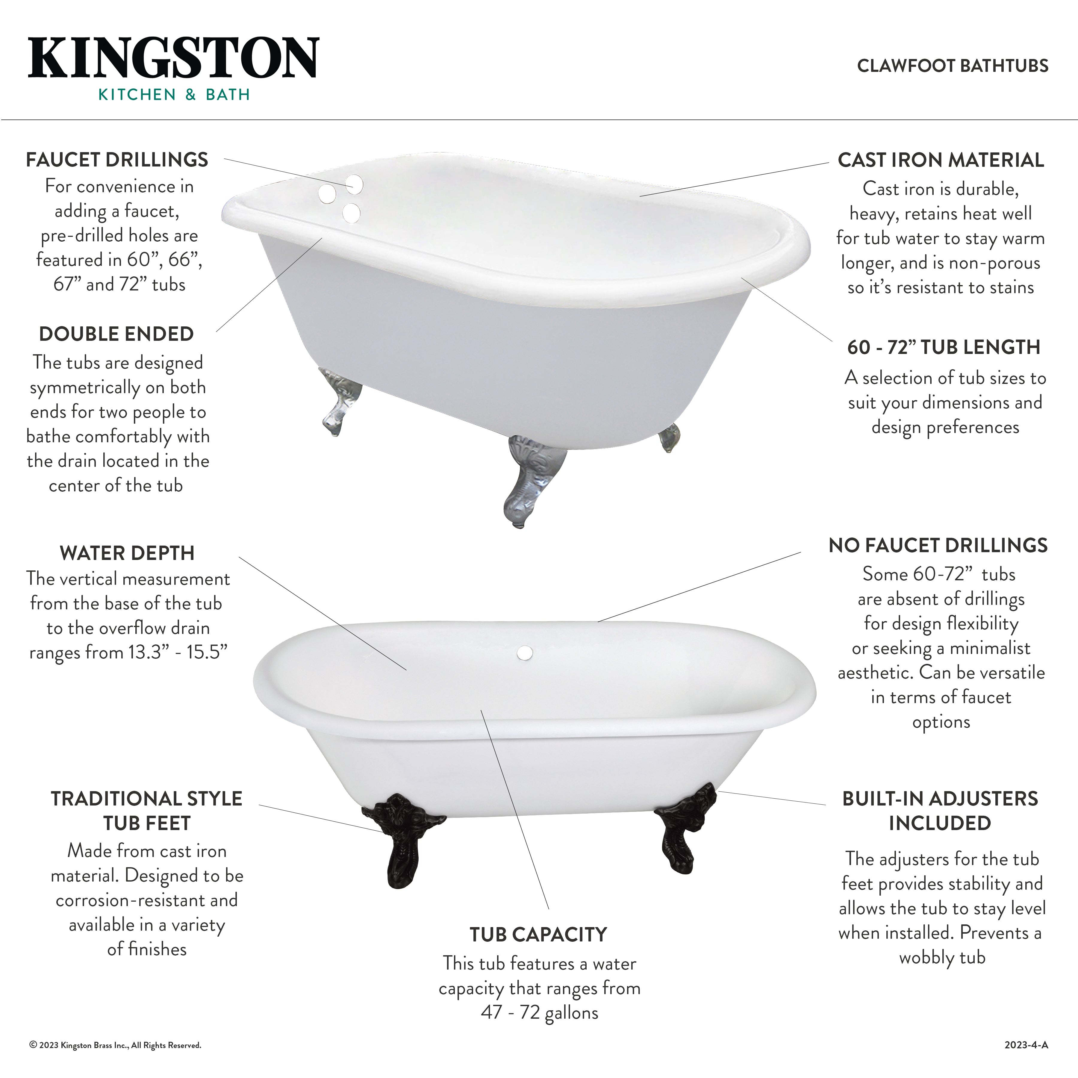 Aqua Eden 66 Inch White Cast Iron Clawfoot Bathtub with Oil Rubbed Bronze Feet - Double Ended Oval Soaking Tub (7 Inch Faucet Drillings) - Perfect for Vintage Bathroom & Luxury Spa Retreats