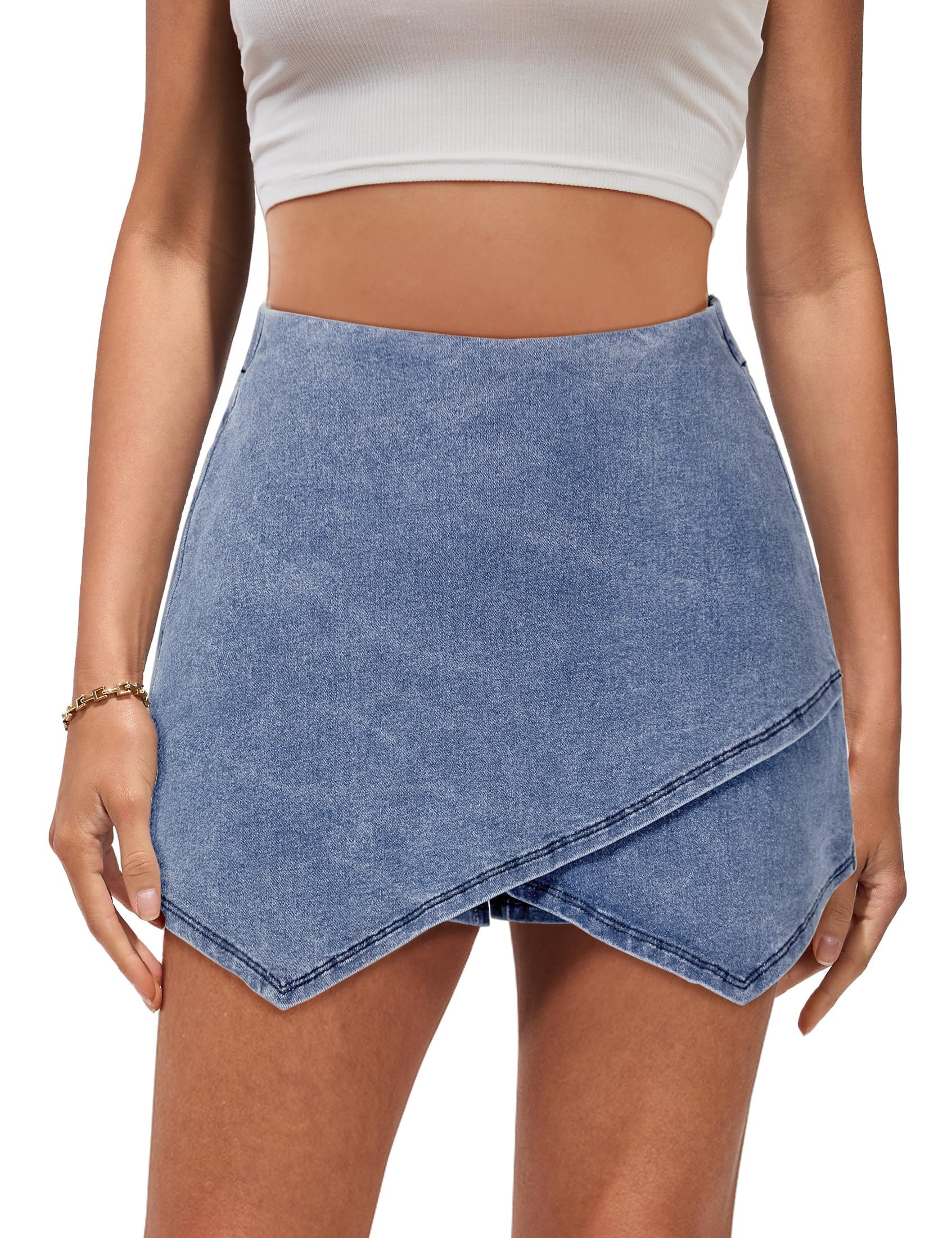 Luvamia Women's High Waisted Stretchy Denim Skorts - Pull On Wrap Skirt with Built-in Shorts, Asymmetrical Trendy Design for Casual Outings, Work & Summer Activities
