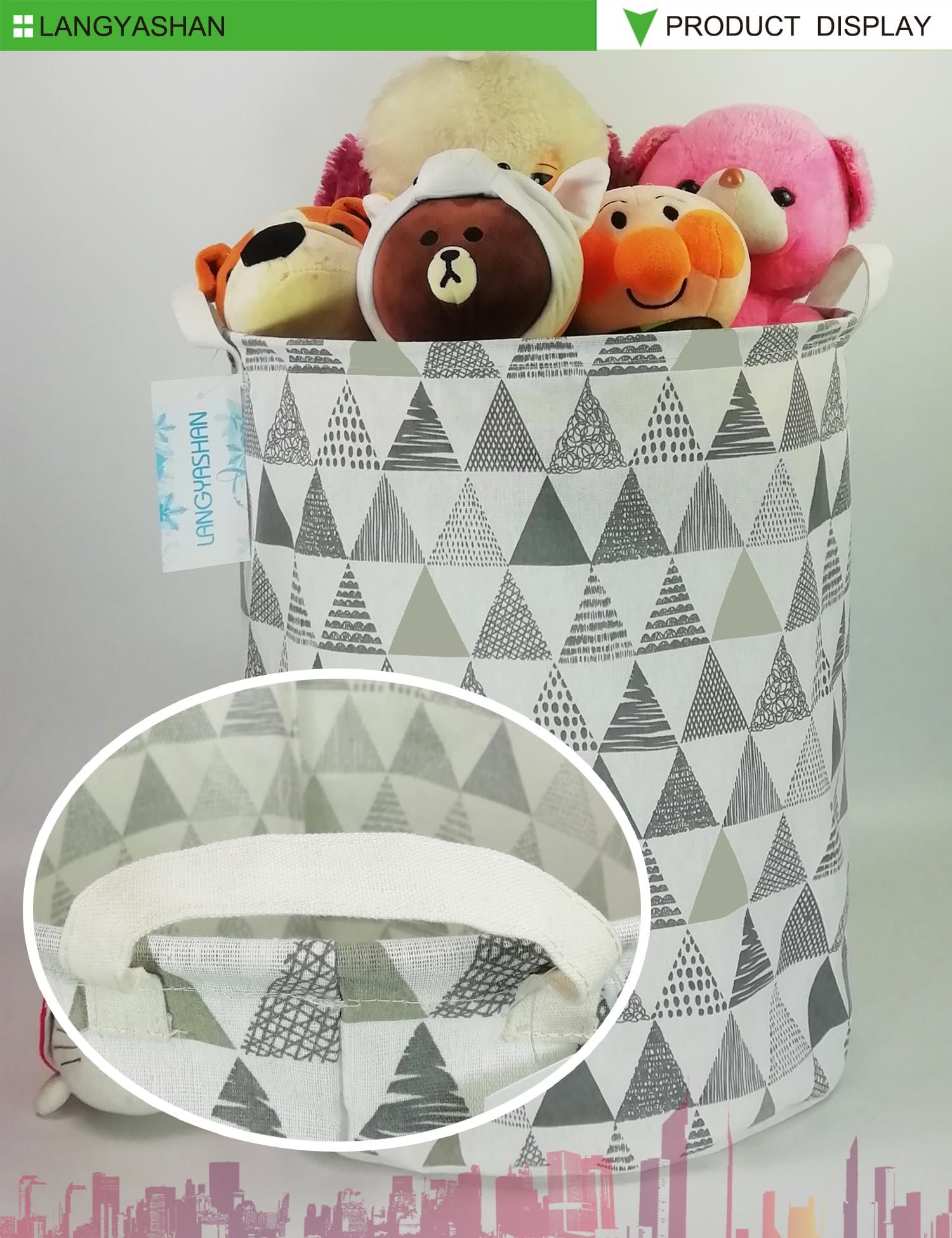Collapsible Canvas Laundry Basket - Foldable Storage Bin for Clothes, Toys & Organizing | Nursery Hamper, Bedroom Organizer & Gift Basket | Perfect for Kids Room, Dorm & Home Use (Grey Triangle)