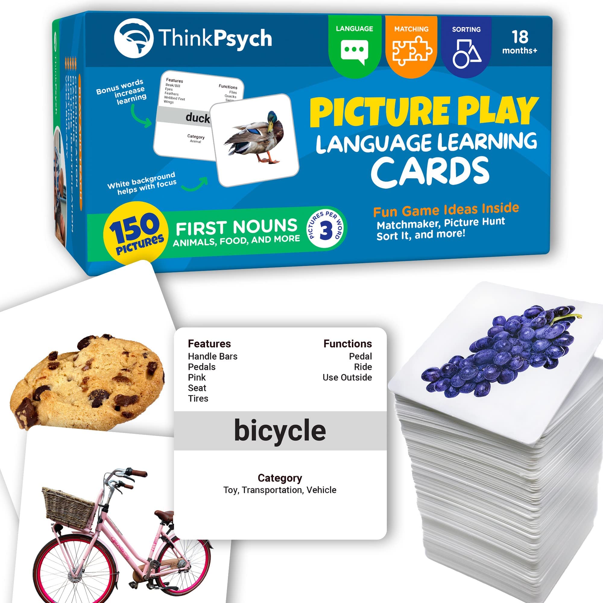 ThinkPsych First Nouns Picture Play Cards – Award-Winning Speech Therapy Flash Cards for Toddlers (150 Cards) – Autism Learning & Homeschool Materials – Ideal for Early Vocabulary Development & Language Skills