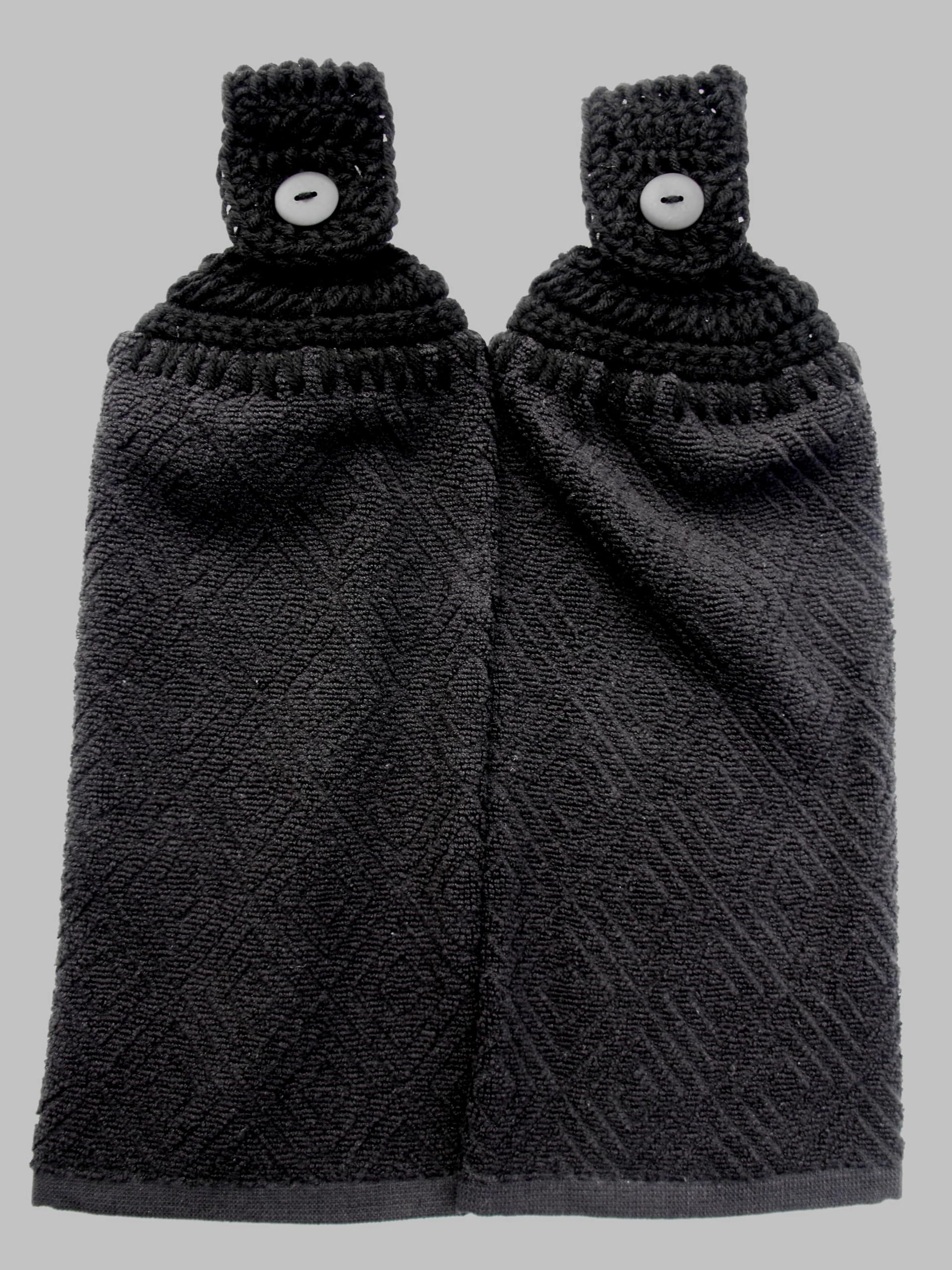 Premium Solid Terry Cloth Kitchen Towels - Set of 2 Black Crochet Top Hanging Dish Towels for Drying Hands & Dishes - Ideal for Kitchen, Bathroom & Household Cleaning