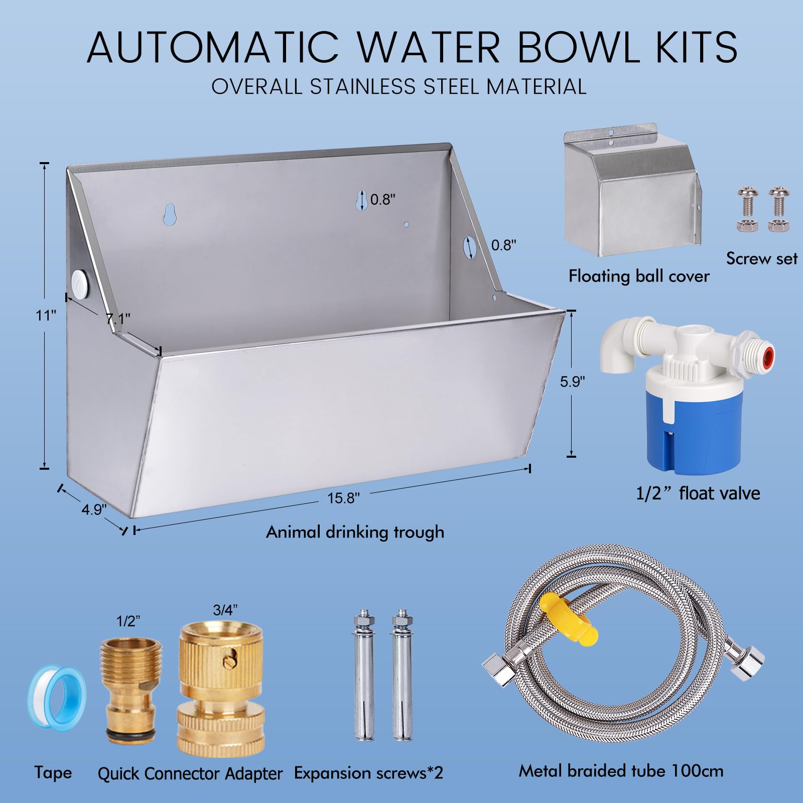 Automatic Dog Water Dispenser - 2.1 Gallon Stainless Steel Pet Water Bowl for Outdoor Use, Self-Filling Waterer for Dogs, Cats, Chickens & Livestock with Drainage Hole - Perfect for Backyards, Kennels & Farms