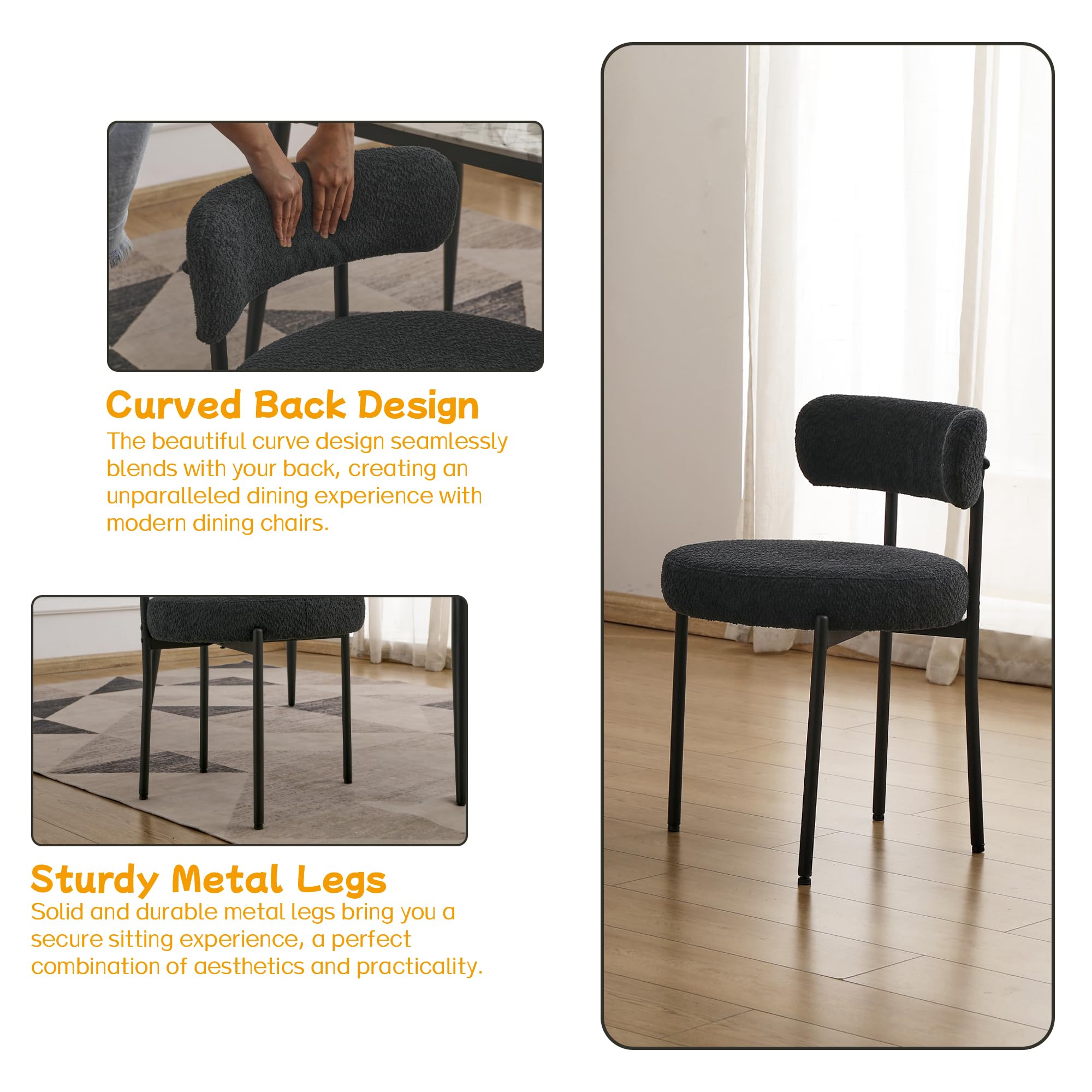 EDWELL Black Boucle Dining Chairs Set of 4 - Mid Century Modern Upholstered Kitchen Chairs with 3.94