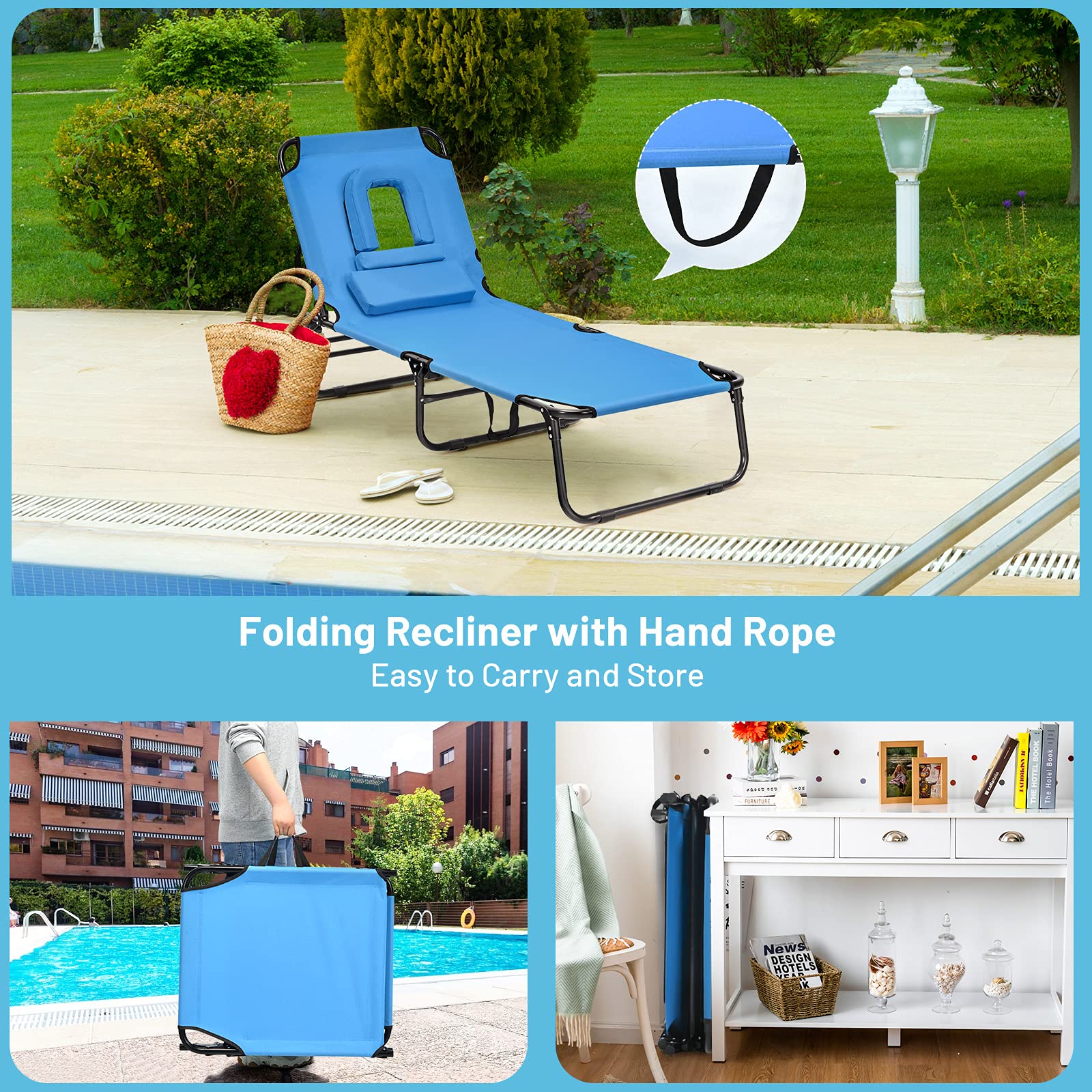 Giantex Outdoor Chaise Lounge Chair - Foldable Beach Chair with 5 Adjustable Positions, Breathable Hole Design, Detachable Pillow & Hand Ropes for Comfort | Perfect for Sunbathing, Poolside Relaxation, Backyard, Patio & Garden Use
