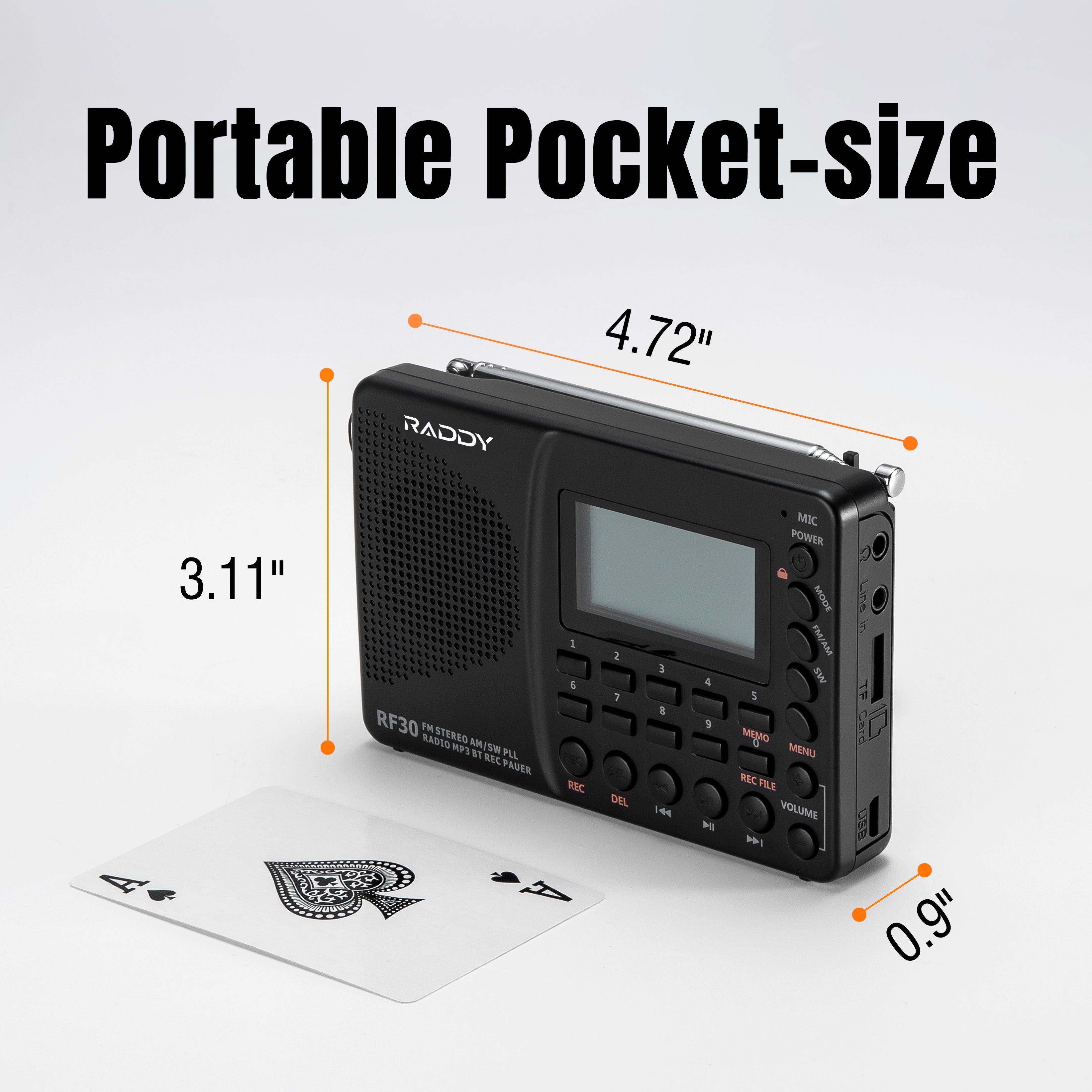 Raddy RF30 AM FM SW Radio with Digital Tuner, Bluetooth & AUX Recording - Portable Shortwave Receiver for Emergency, Travel, Camping & Outdoor Adventures