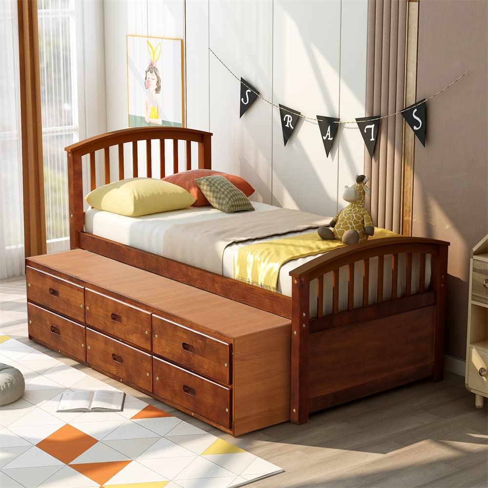 Twin Size Solid Wood Platform Bed Frame with 6 Storage Drawers, Headboard & Footboard - Heavy Duty Daybed Captain’s Bed for Kids & Teens - No Box Spring Needed with Wood Slat Support - Walnut Finish - Perfect for Small Bedrooms, Dorm Rooms & Space-Saving Storage Solutions