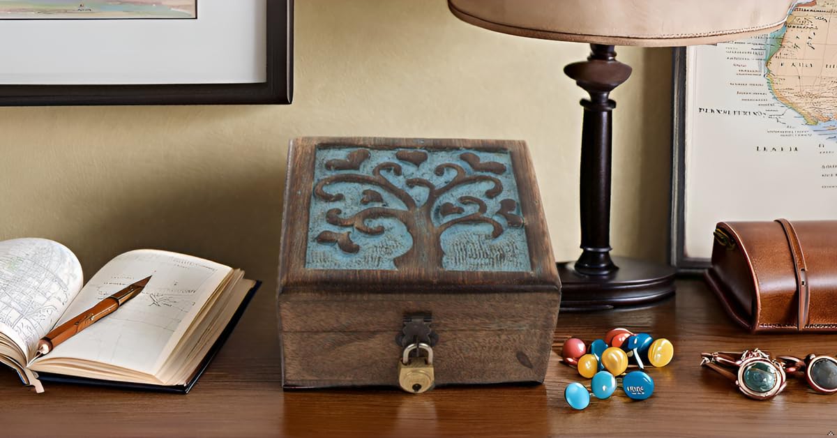 Handmade Wooden Jewelry Box with Tree of Life Carving - Lockable Keepsake Storage Organizer for Necklaces, Rings & Watches | Perfect Birthday Gift, Anniversary Present & Home Decor Accessory