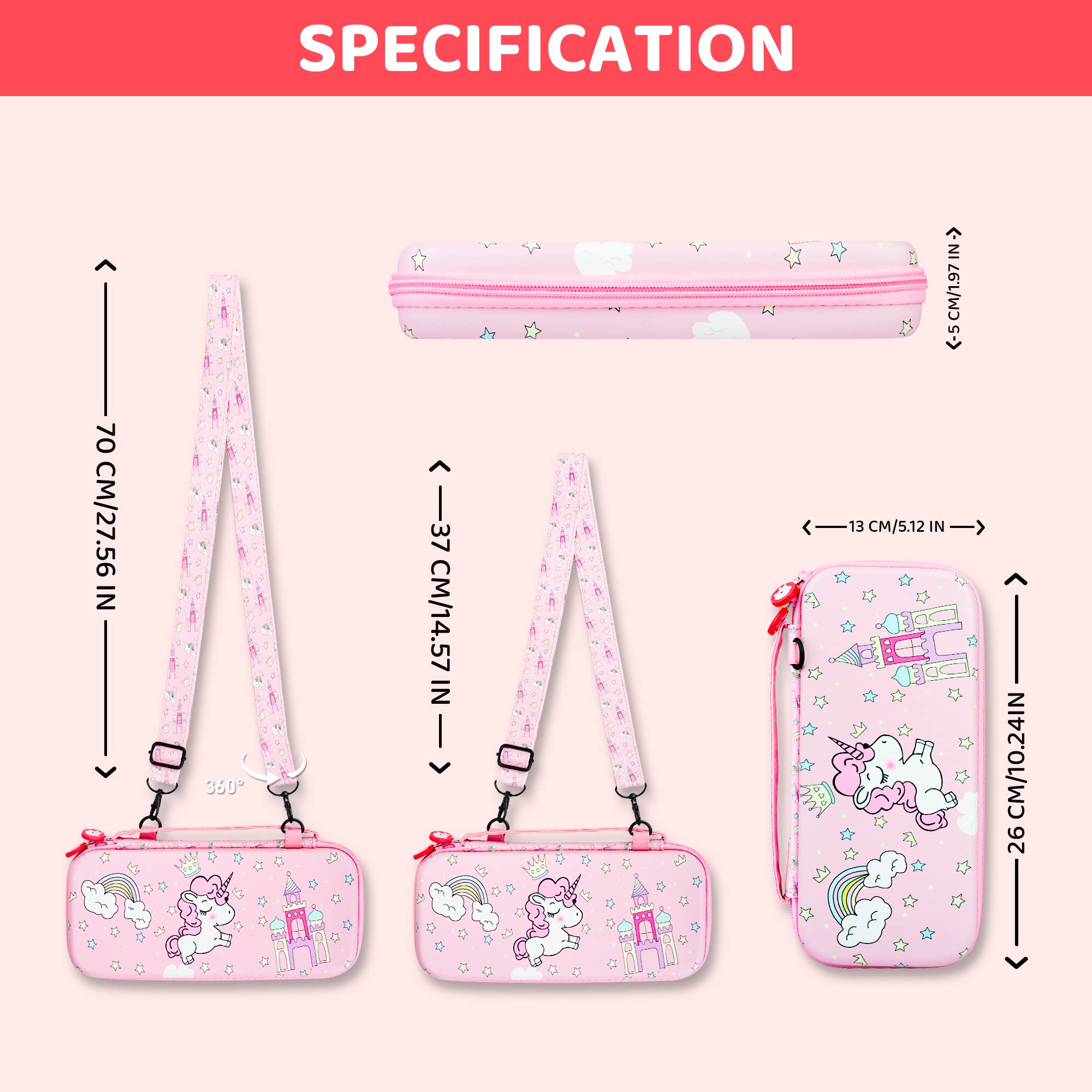 Unicorn Nintendo Switch Carrying Case for Girls - Pink Rainbow Travel Case with Soft TPU Protective Cover, HD Screen Protector, Thumb Grips & Shoulder Strap - Perfect for Gaming On-The-Go & Travel Accessories Storage