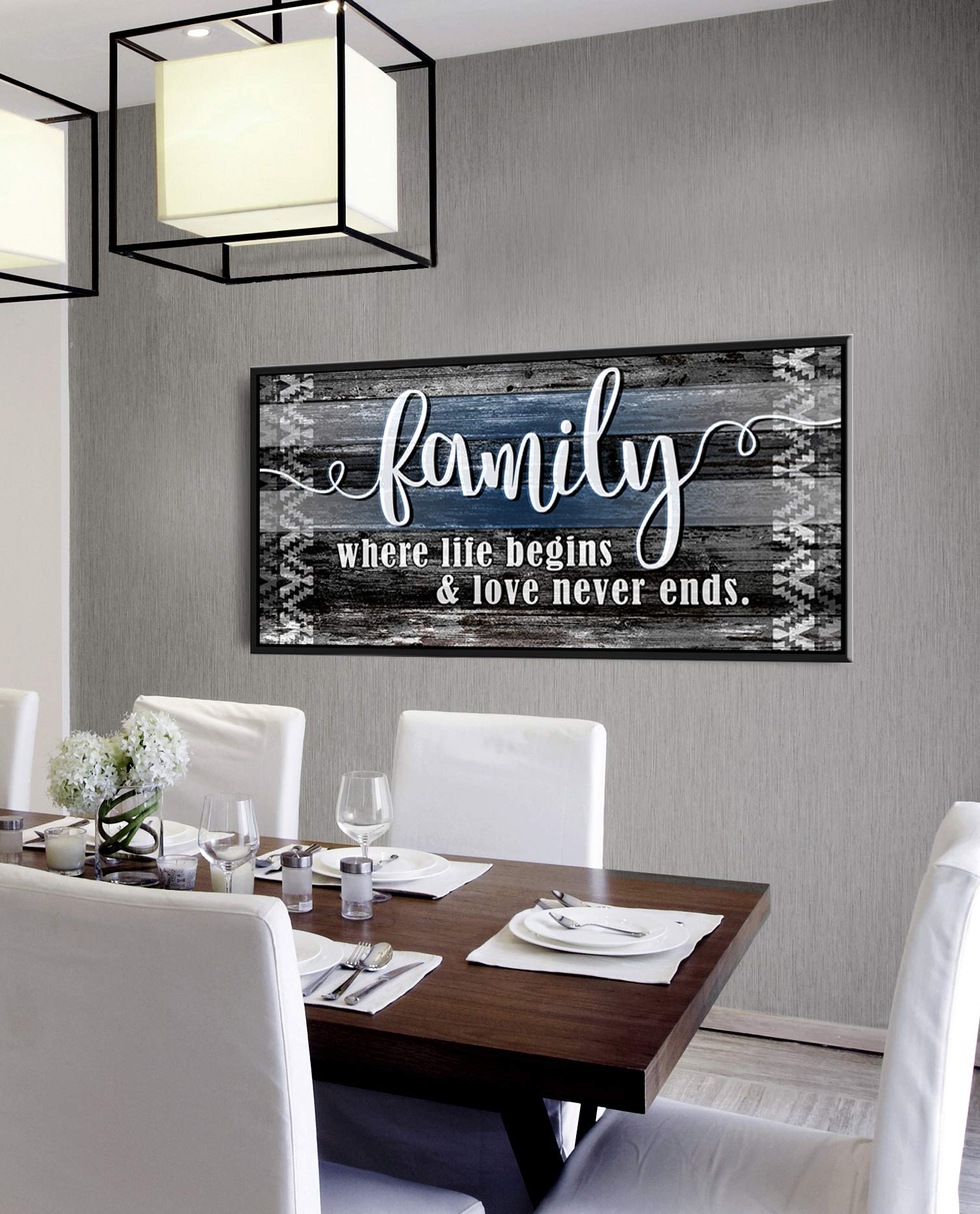 Family Where Life Begins Wall Art Sign - Rustic Farmhouse Decor with Floating Frame (Blue/Black, 42x19) - Perfect for Living Room, Bedroom & Entryway Home Decor