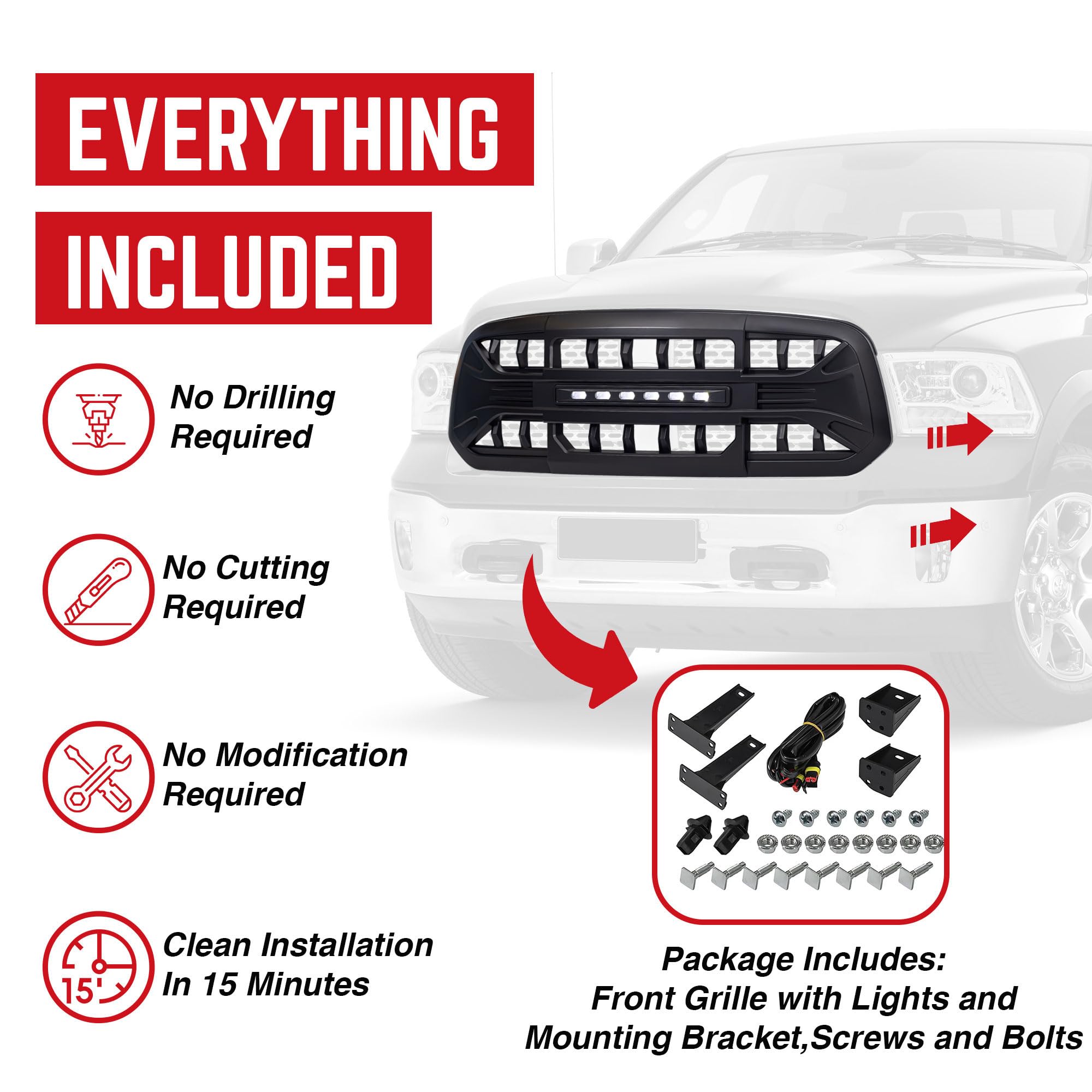 2013-2023 Dodge Ram 1500 & Ram 1500 Classic Off-Road Grille Guard with LED Lights | Heavy Duty Matte Black Front Bumper Protection | Perfect for Off-Roading, Truck Shows & Daily Driving