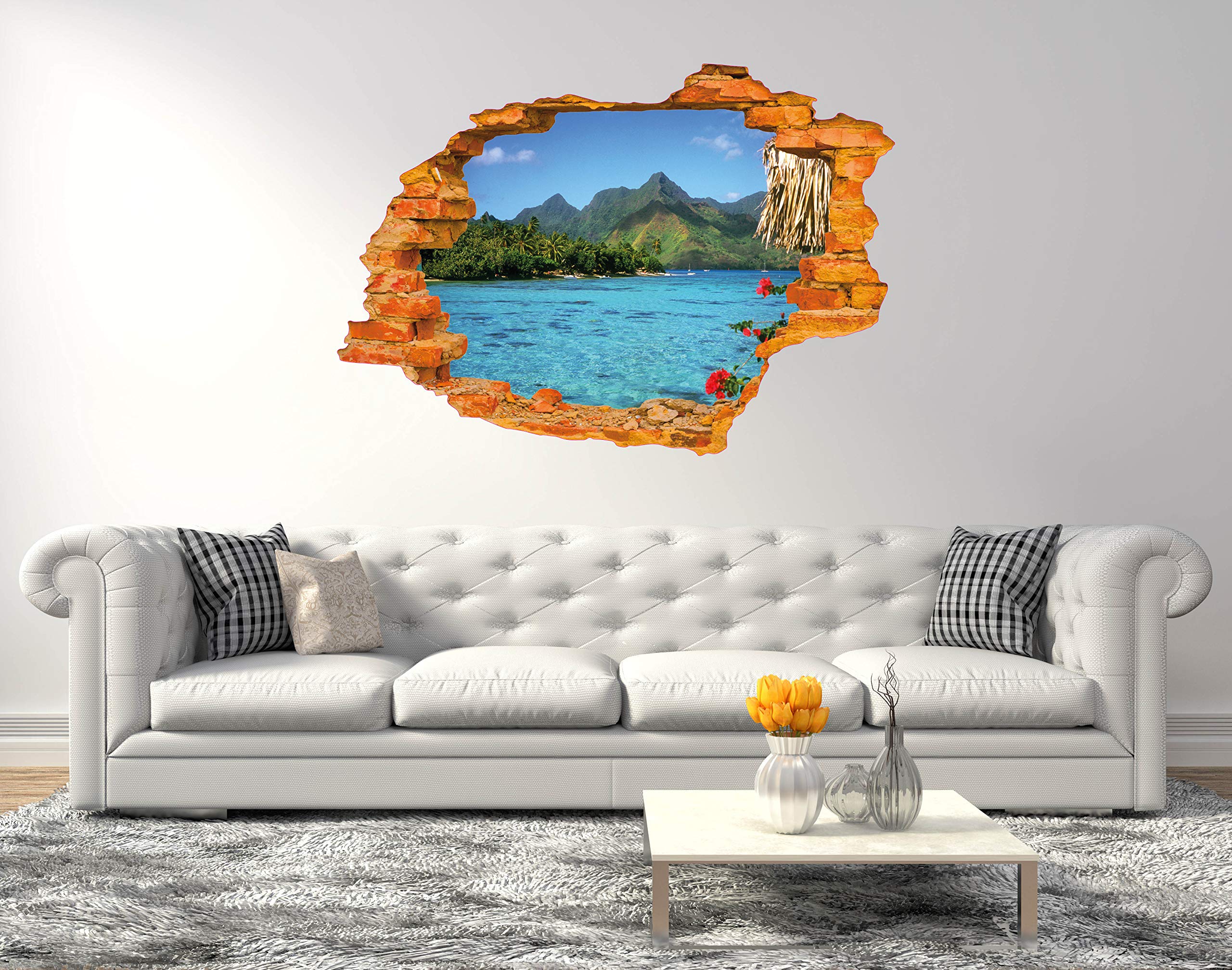 Beach Wall Decal Peel and Stick - Ocean Seascape with Mountain View Landscape Wall Sticker - Nature Themed Removable Wall Mural for Home & Bedroom Decor (30