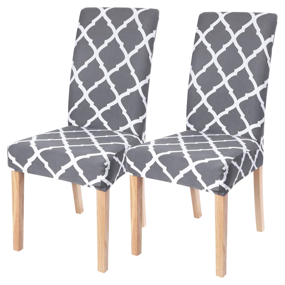 Stretch Geometric Parsons Chair Slipcovers Set of 2 - Washable Spandex Dining Chair Covers for Kitchen, Restaurant, Wedding & Home Decor (Gray + White) | Perfect for Dining Rooms, Hotels & Special Events