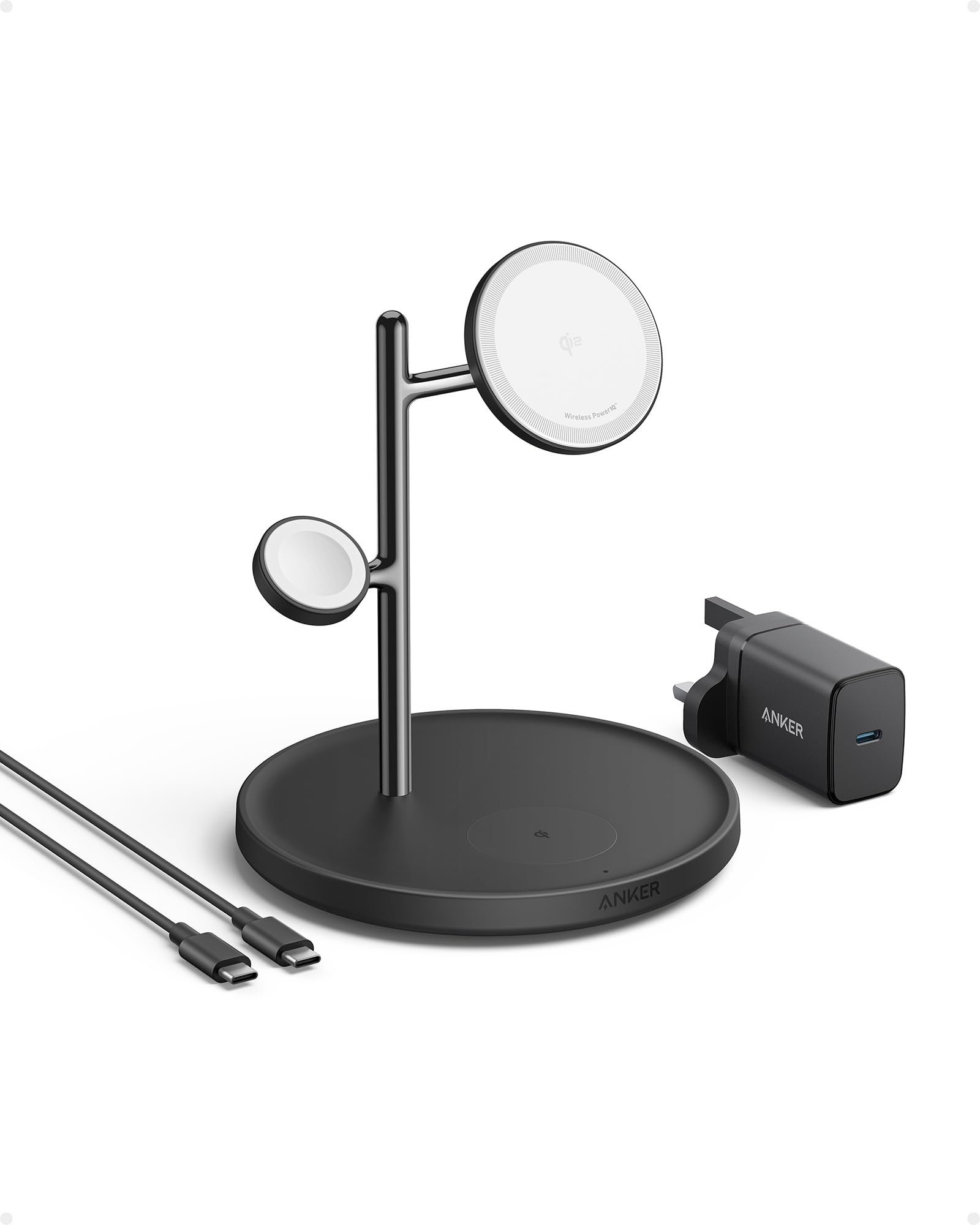 Anker 3-in-1 Wireless Charging Station with MagSafe | Qi2 Certified 15W Fast Charging Stand for iPhone 16/15/14/13 Series | Compatible with AirPods Pro & Apple Watch Ultra | Includes USB-C Cable | Perfect for Bedside, Office & Travel Charging