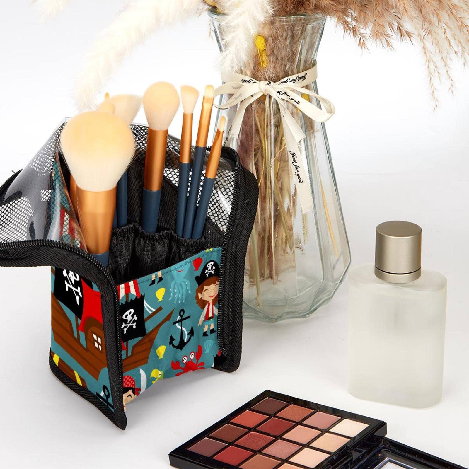 Cartoon Pirate Ocean Theme Makeup Brush Organizer Bag - 12 Slot Portable Makeup Brush Holder Case for Travel, Home & Professional Makeup Artists