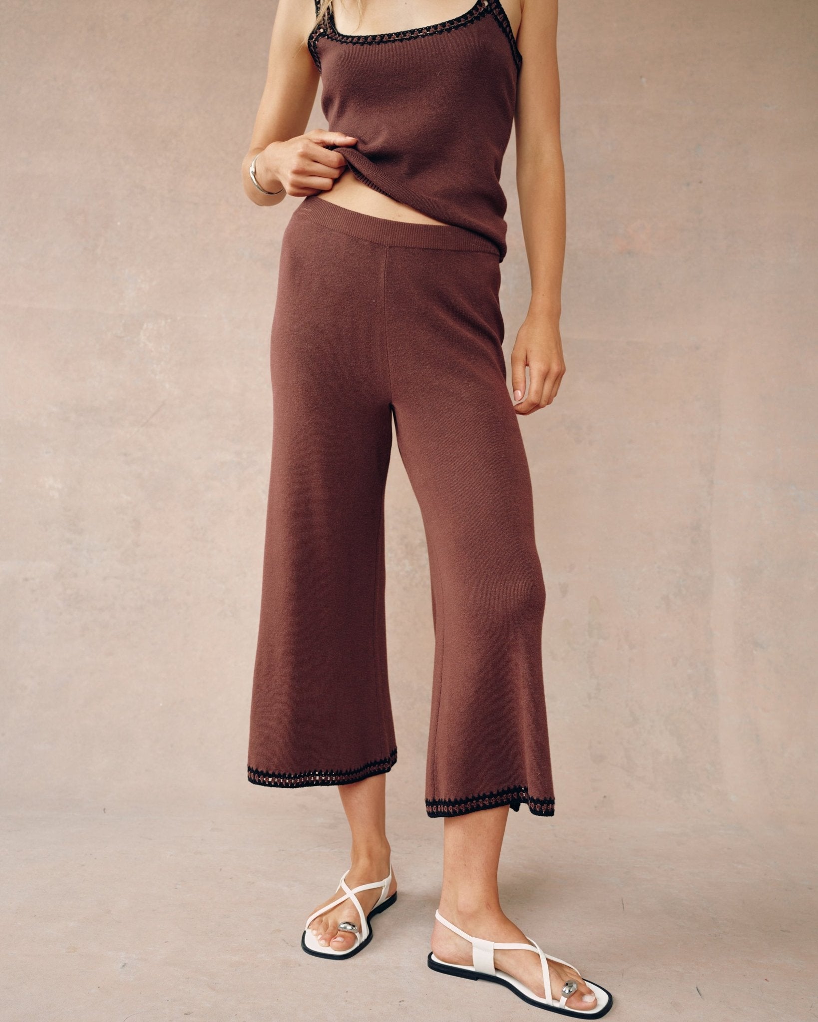 Crocheted Trim Cropped Pants for Women - Boho Chic High Waisted Casual Trousers in Dune Brown | Perfect for Summer Outfits, Beach Vacations & Boho Fashion Styles