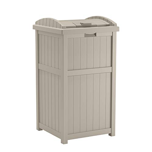 Suncast 33 Gallon Outdoor Trash Can with Lid - Durable Resin Hideaway Garbage Bin for Patio, Deck, Backyard - Taupe Color - Perfect for Outdoor Entertaining, BBQ Parties, and Poolside Cleanup