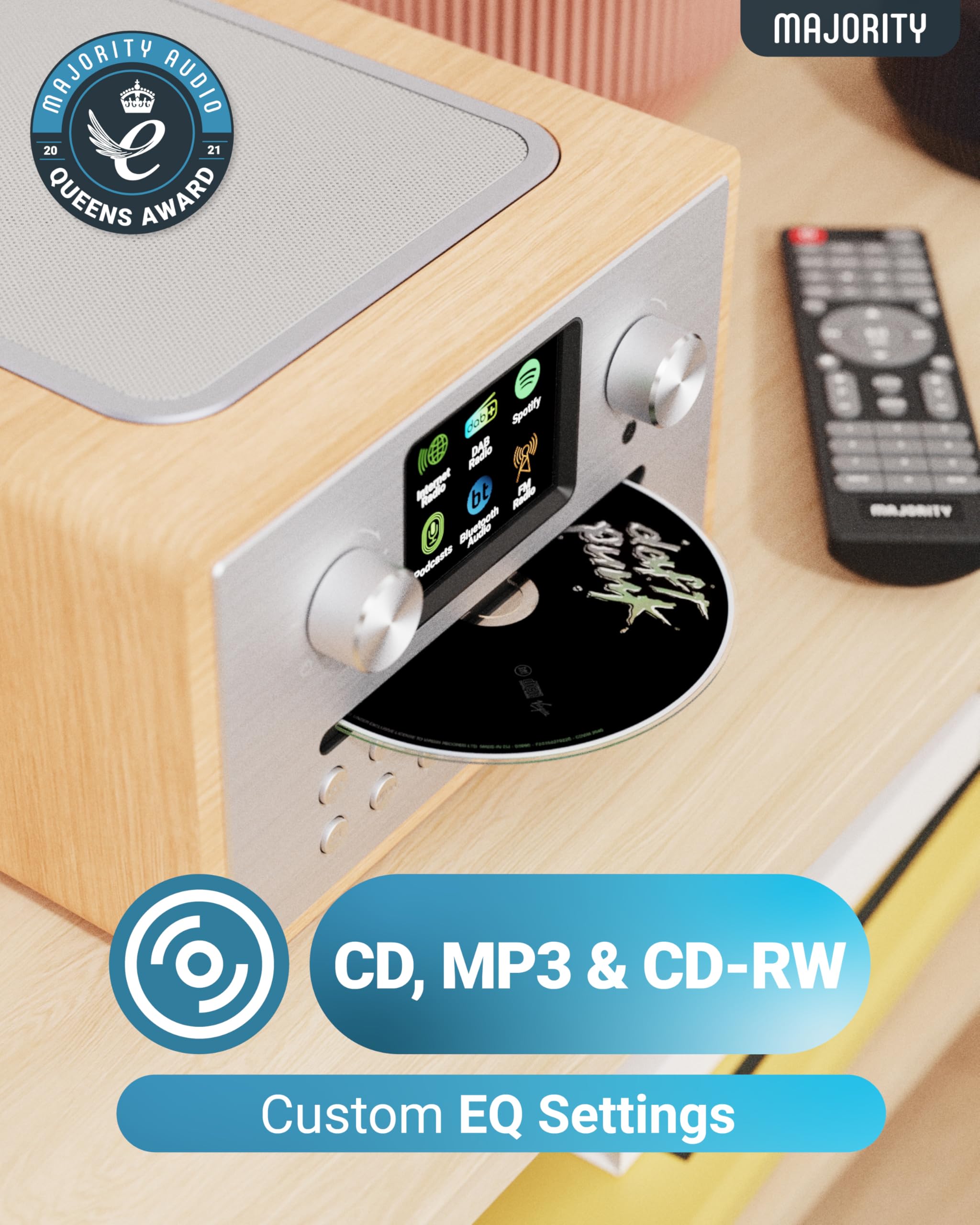 Majority Homerton Oak Internet Radio CD Player with DAB+/FM, Bluetooth & Spotify Connect - 90 Presets, Dual Alarm, Custom EQ, LED Display & Remote - Perfect for Bedroom, Kitchen or Office Use