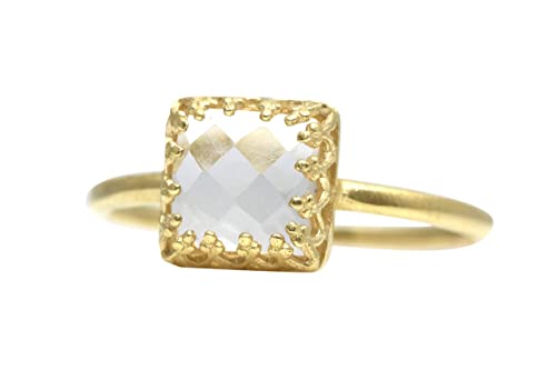 14K Gold Crystal Quartz Ring for Women - Square White Quartz Engagement Ring with Diamond Accents | Elegant & Delicate Jewelry for Weddings, Anniversaries & Special Occasions