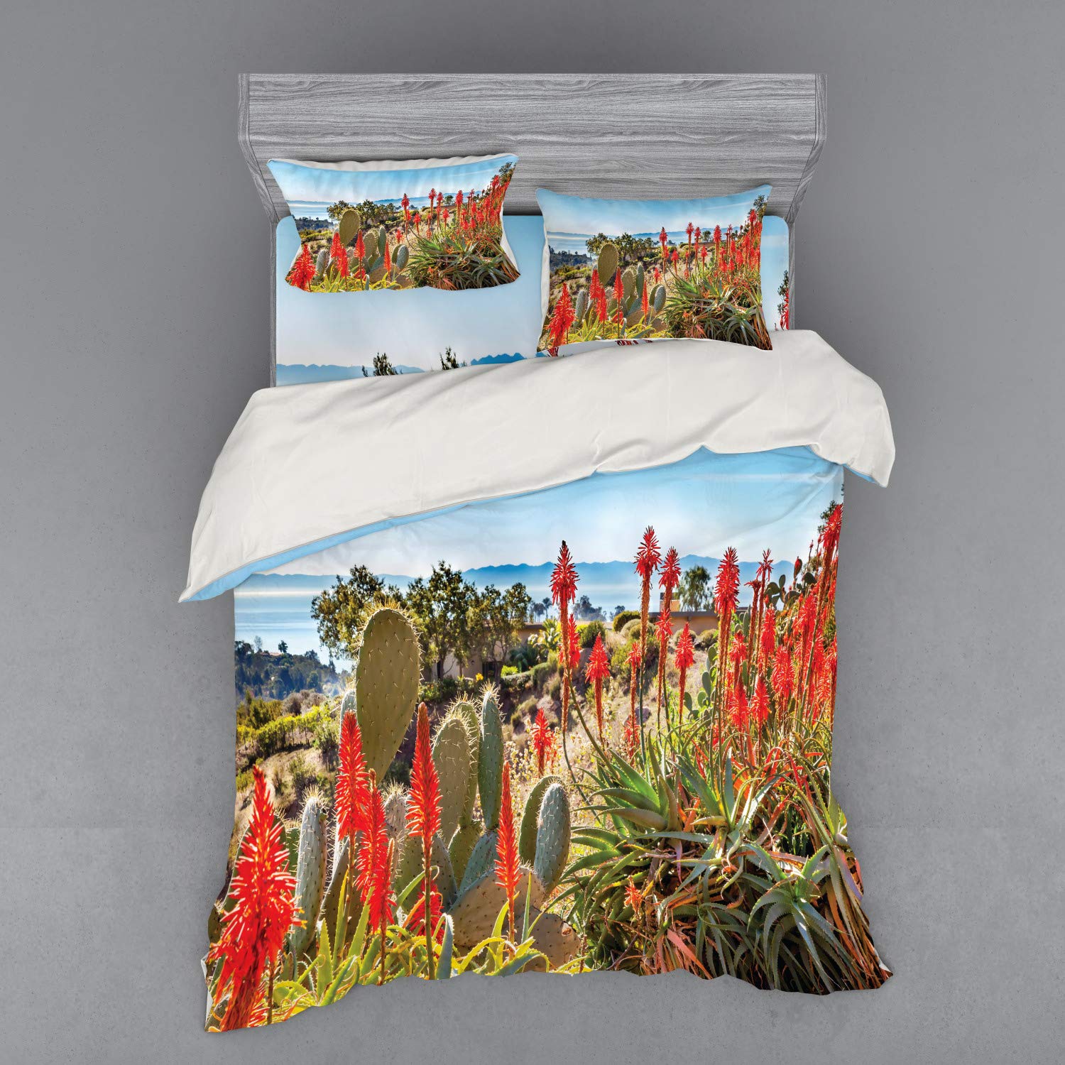 Ambesonne Queen Size 4-Piece Cactus Duvet Cover Set - Desert Mountain Landscape with Sea View, Flowers & Cactus Print Bedding Set Includes Shams & Fitted Sheet, Multicolor | Perfect for Boho, Desert & Coastal Themed Bedrooms