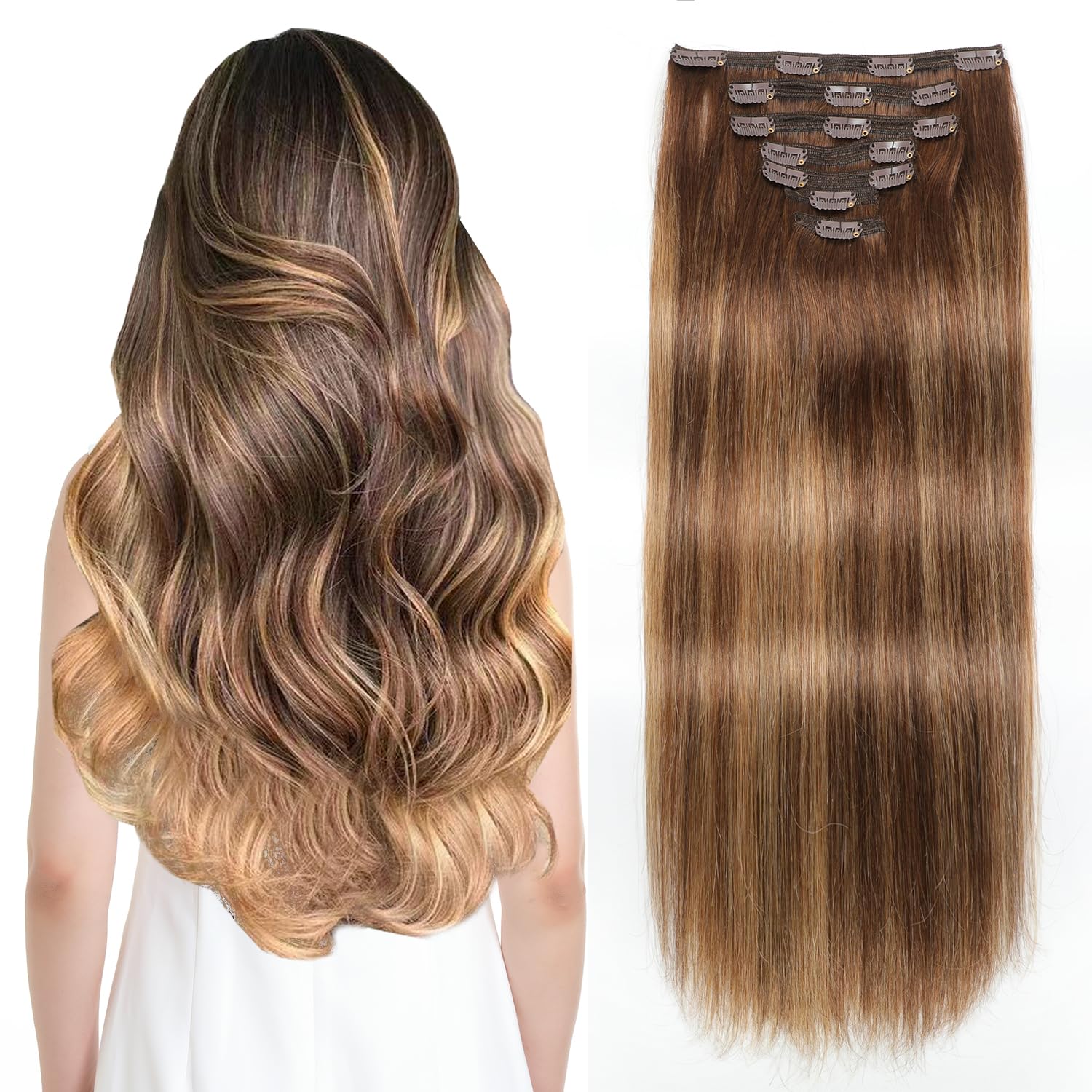 Sisily 24 Inch 180g 7pcs Clip in Human Hair Extensions - Real Remy Human Hair, Chocolate Brown to Caramel Blonde Ombre, Straight Double Weft Hair Extensions for Length & Volume - Perfect for Parties, Weddings & Daily Styling
