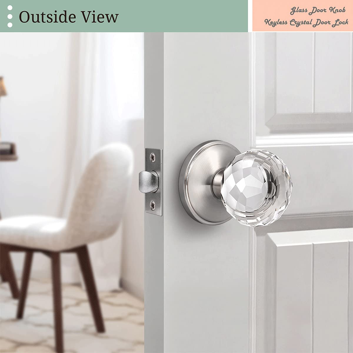 Crystal Style Passage Door Knobs - 2 Pack Satin Nickel Glass Interior Door Handles with Lock for Hall Closet & Bedroom Doors | Elegant Home Decor Upgrade
