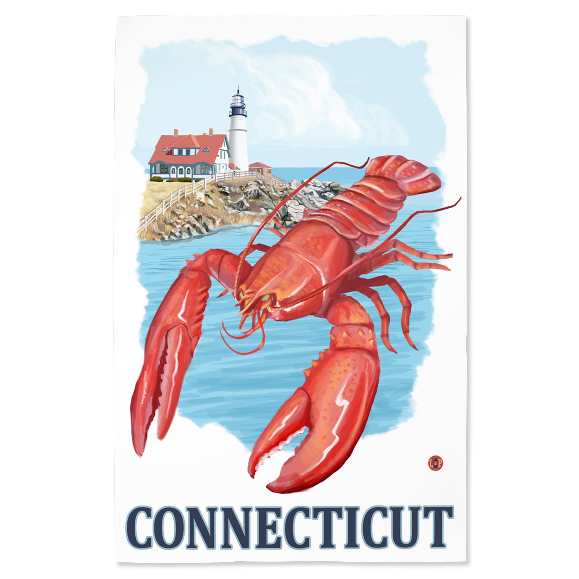 Lantern Press 16x24 Inch Giclee Art Print - Connecticut Coastal Lighthouse & Lobster Scene - Perfect for Beach House Decor & Nautical Themed Rooms