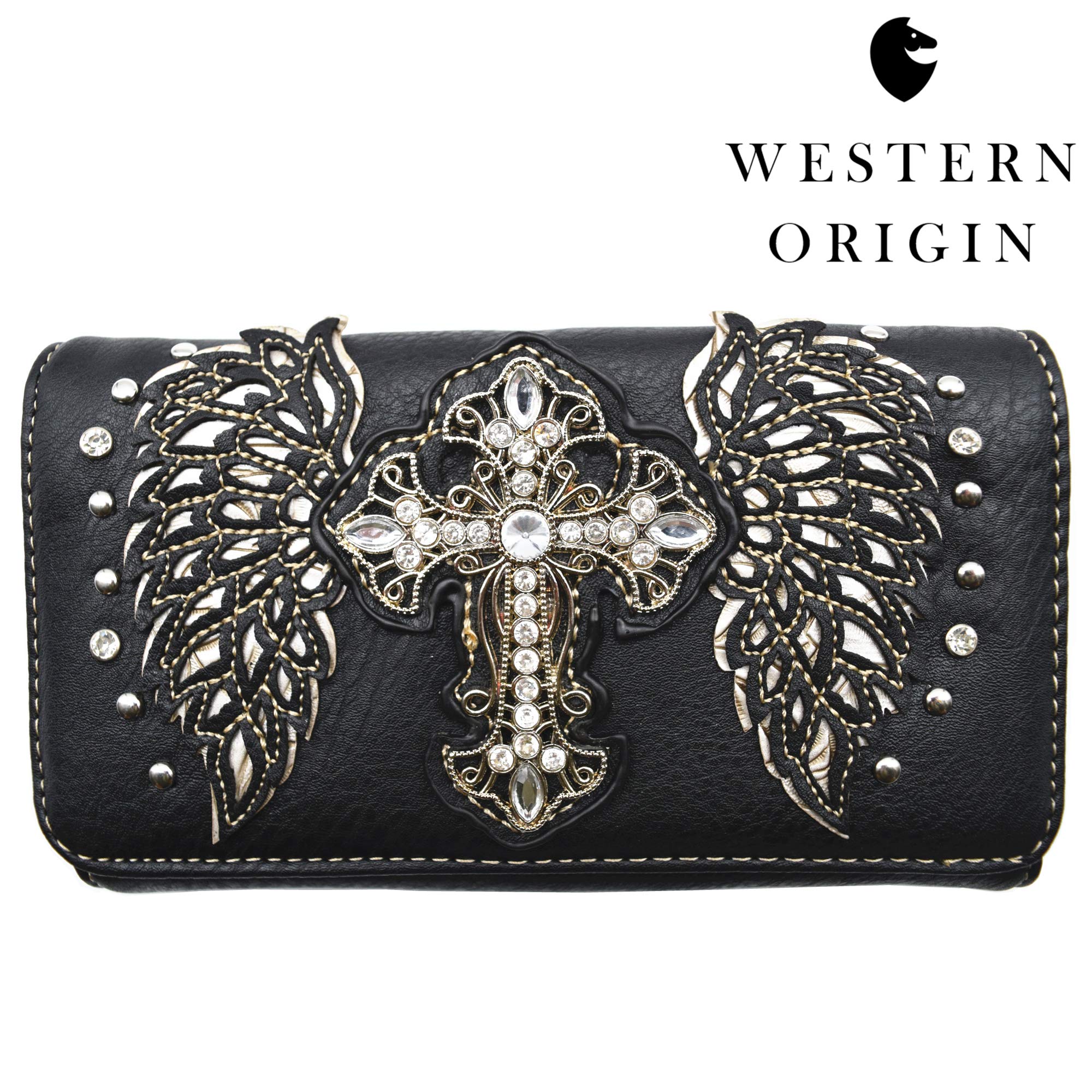 Western Style Rhinestone Cross Studded Leather Handbag for Women - Country Shoulder Bag & Wallet Set with Laser Cut Wings - Perfect for Church, Concerts, and Country Events