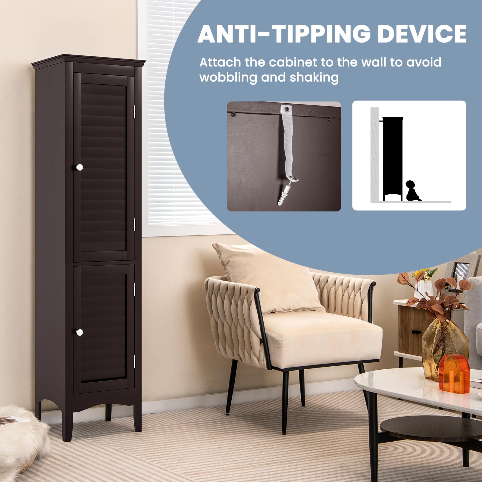 Tall Narrow Bathroom Storage Cabinet with 3 Adjustable Shelves - 2 Door Freestanding Organizer with Anti-Tip Device for Bathroom, Living Room, Bedroom - Space Saving Home Organization Solution (Brown)