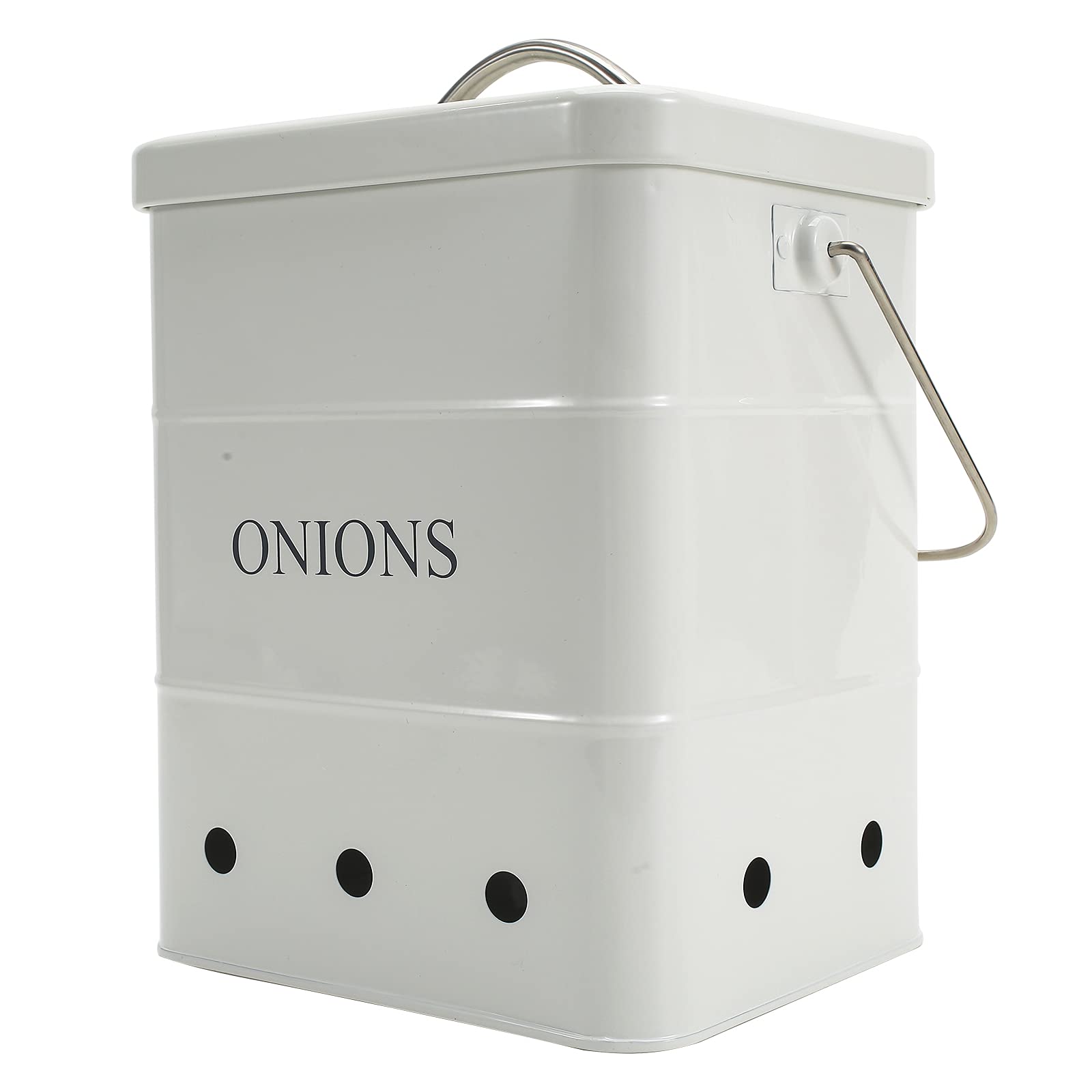 Airtight Onion Storage Bin with Lid & Handles - Kitchen Pantry Organizer for Vegetables - White Tin Canister with Aerating Holes | Perfect for Fresh Produce Storage in Pantry, Kitchen & Countertop Organization