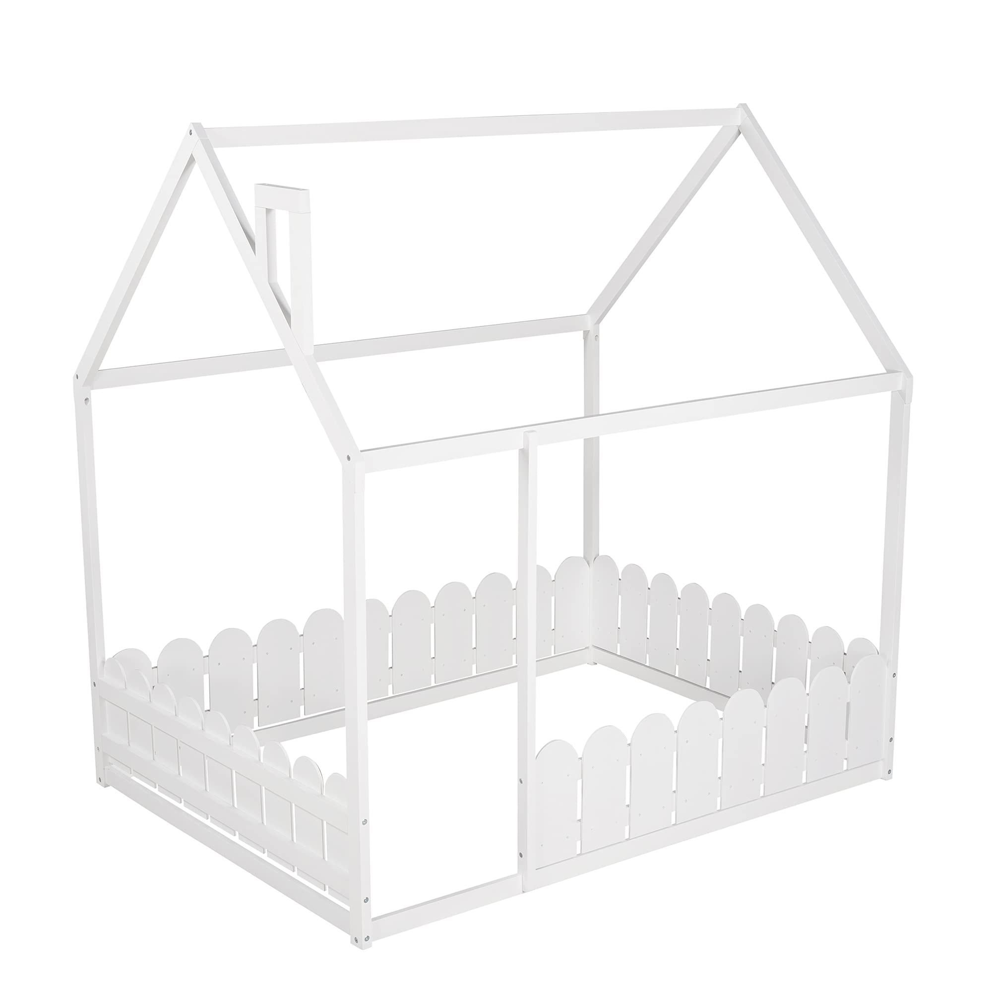 **Danxee Full Size Wooden House Bed Frame with Roof & Fence Railings - Sturdy Kids Bed for Playroom or Bedroom (White, Full Size) - Perfect for Imaginative Play & Cozy Sleep**