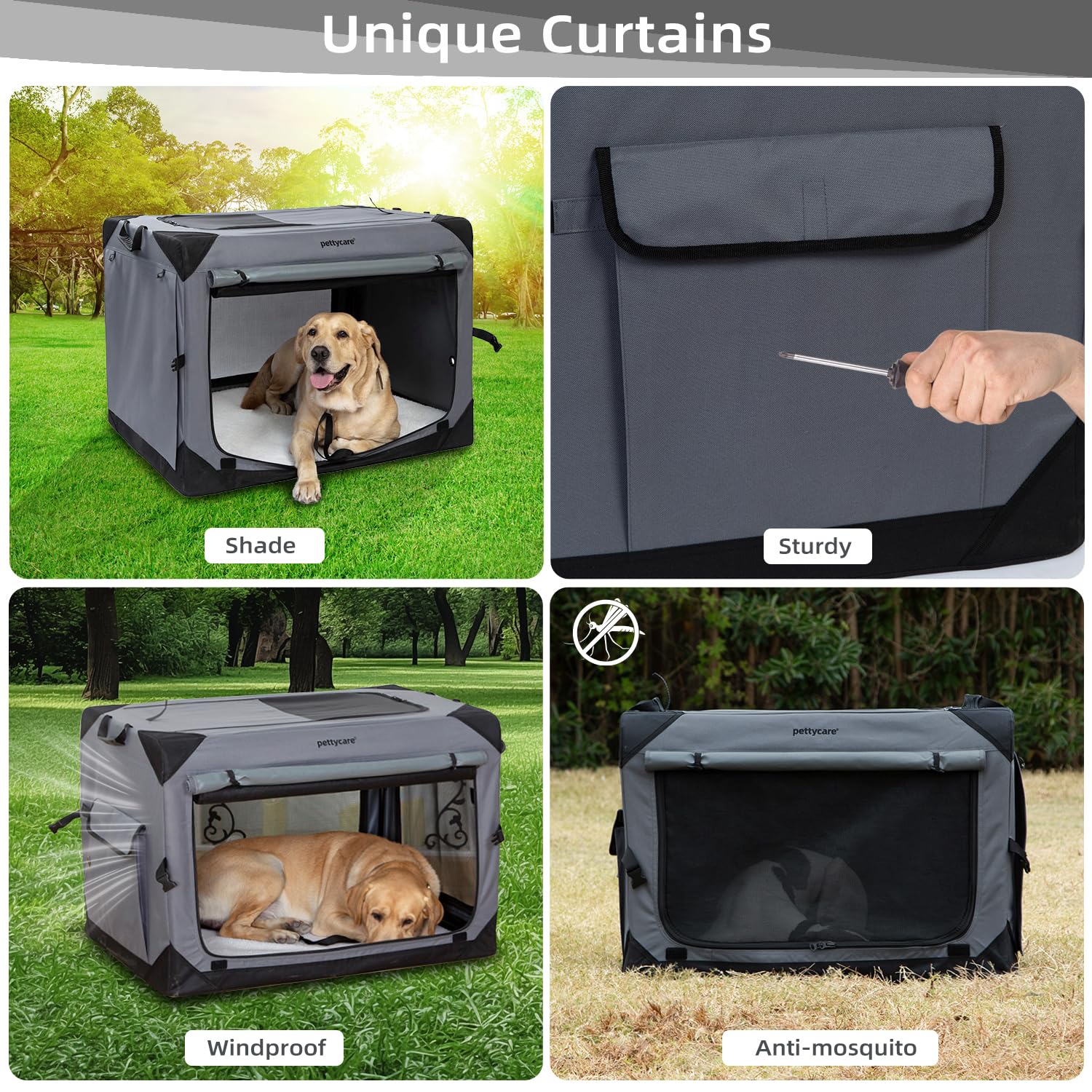 42 Inch Collapsible Dog Crate with 4 Door Curtains - Portable Soft Pet Kennel for Travel, Chew Proof Mesh for Indoor & Outdoor Use - Grey (Includes Carry Bag) - Perfect for Car Trips, Camping & Home Comfort