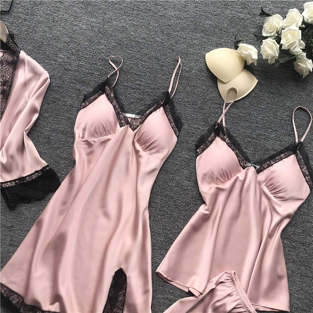 Women's 4-Piece Satin Pajama Set with Floral Lace Trim - Soft Comfy Sleepwear & Robe - Sexy Nightgown Lingerie for Valentine's Day, Anniversary Gift or Relaxing at Home