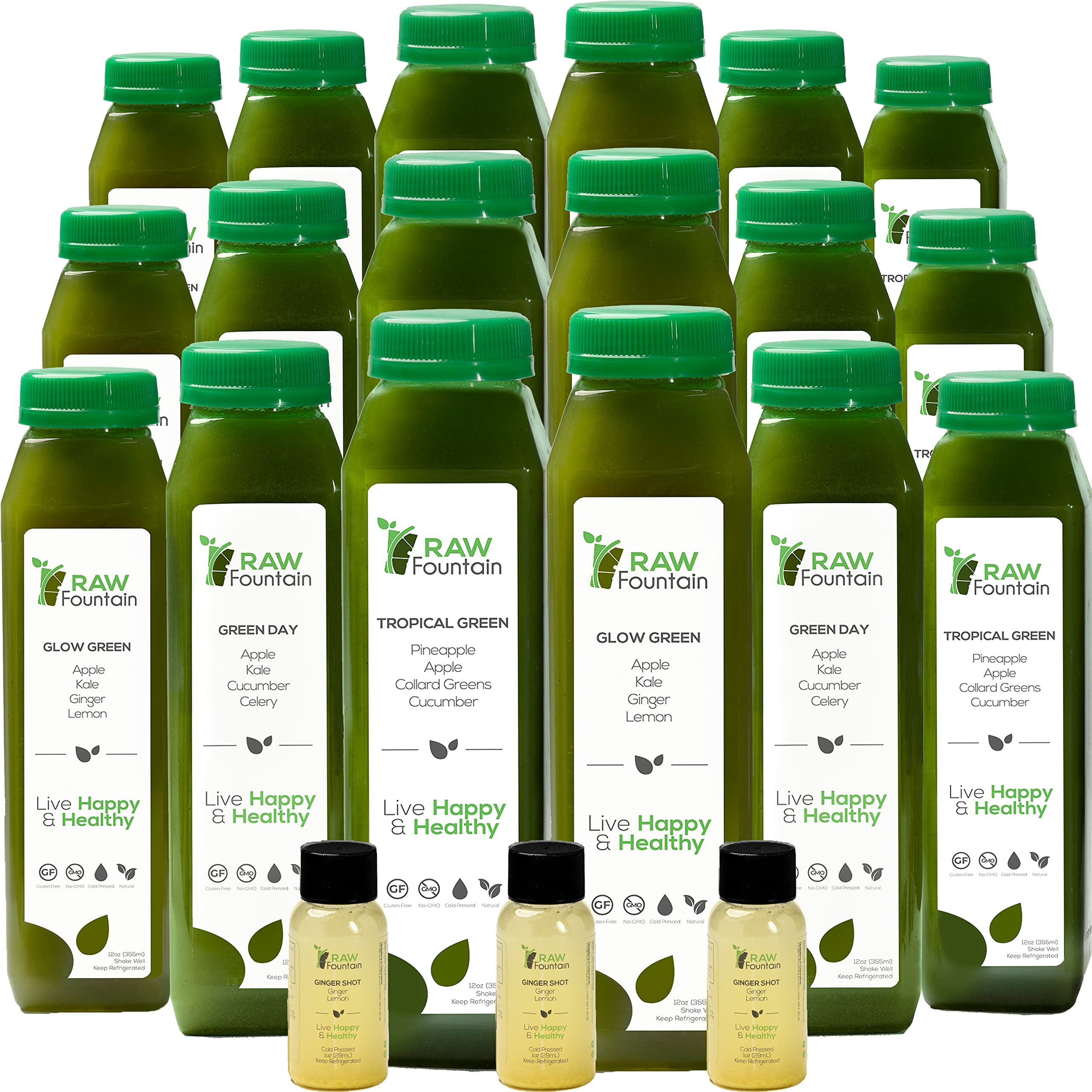 Raw Fountain 7-Day Green Juice Cleanse - All Natural, Vegan, Cold-Pressed Detox Juice with 42 Bottles (12oz) & 3 Ginger Shots | Perfect for Weight Loss, Immune Boost & Post-Workout Recovery
