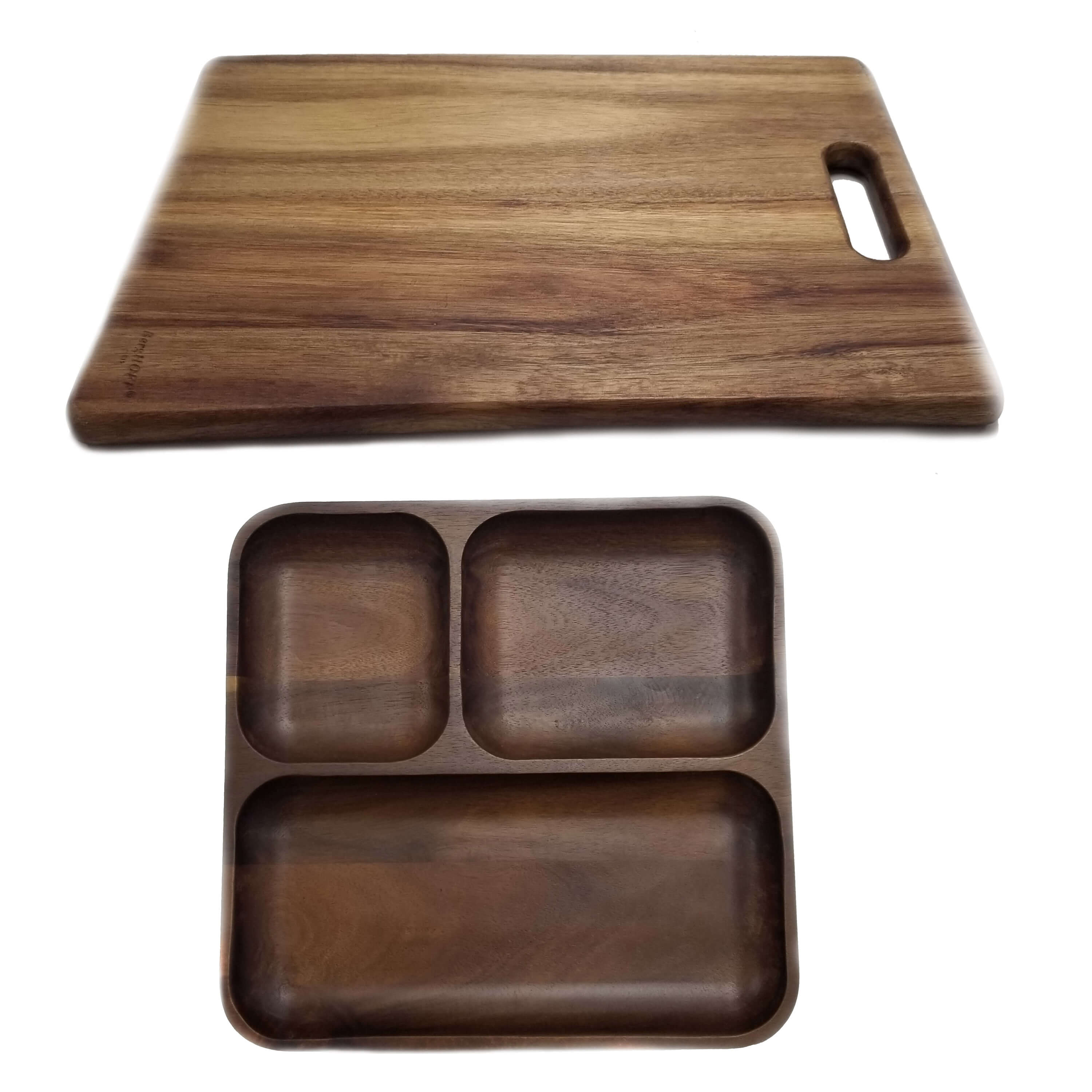 BergHOFF Acacia Wood 2-Piece Divided Serving Tray and Cutting Board Set - Perfect for Charcuterie, Cheese Platters & Kitchen Prep